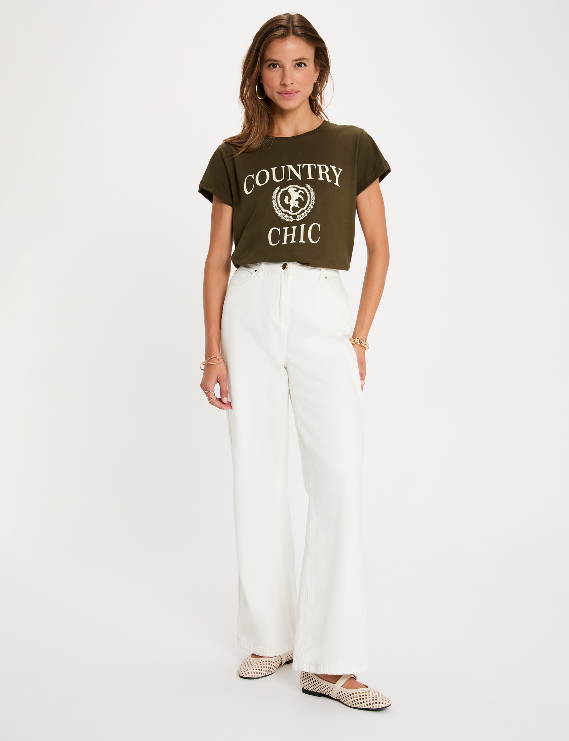 Camiseta cuello redondo manga corta verde caqui mujer