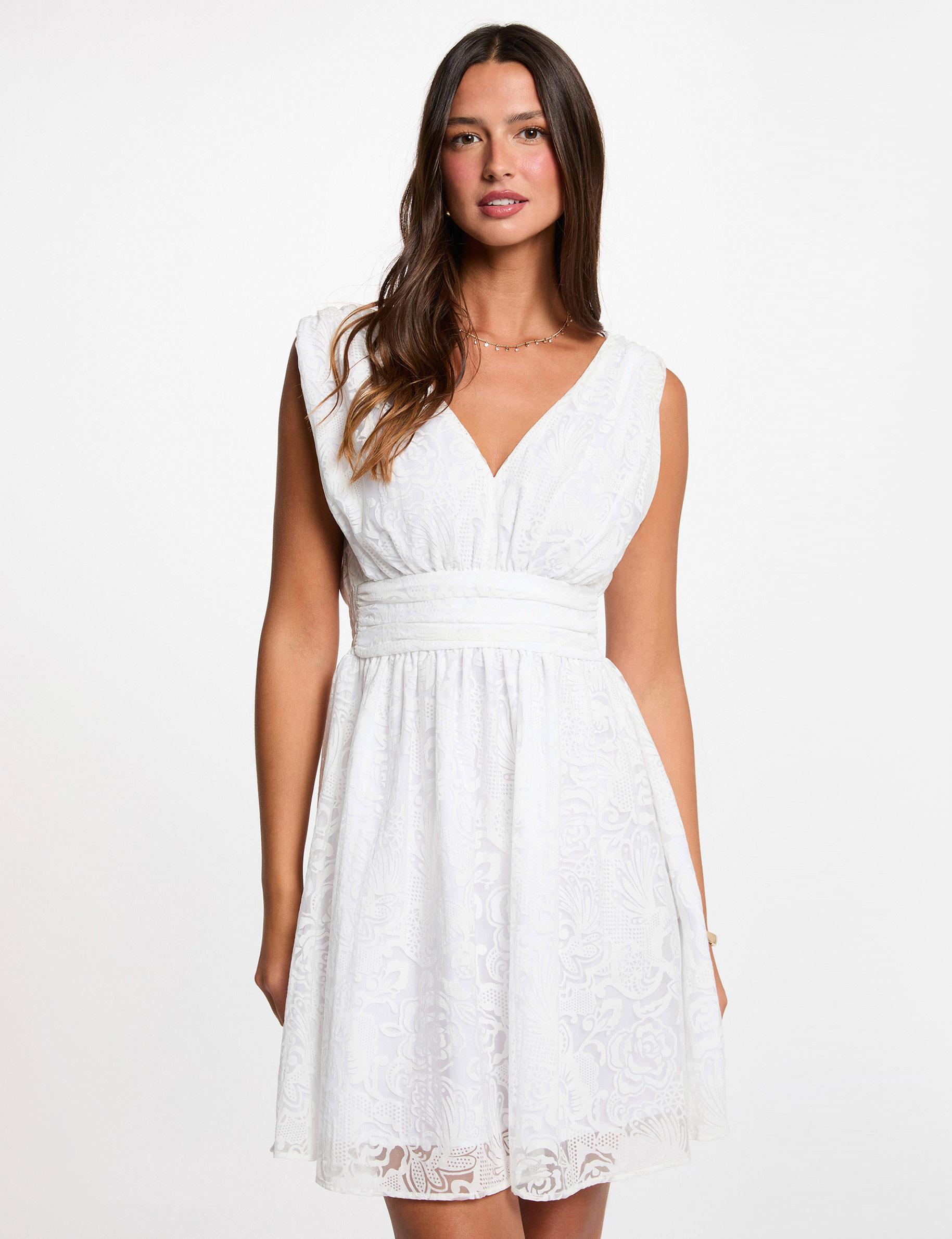 Vestido jacquard cuello v blanco mujer