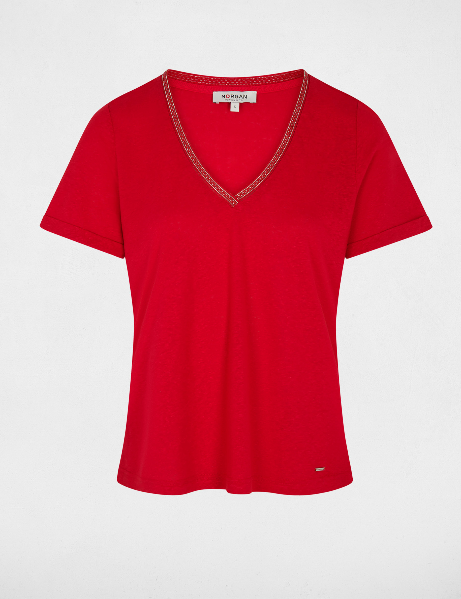 Camiseta con cuello en v con perlas rojo mujer