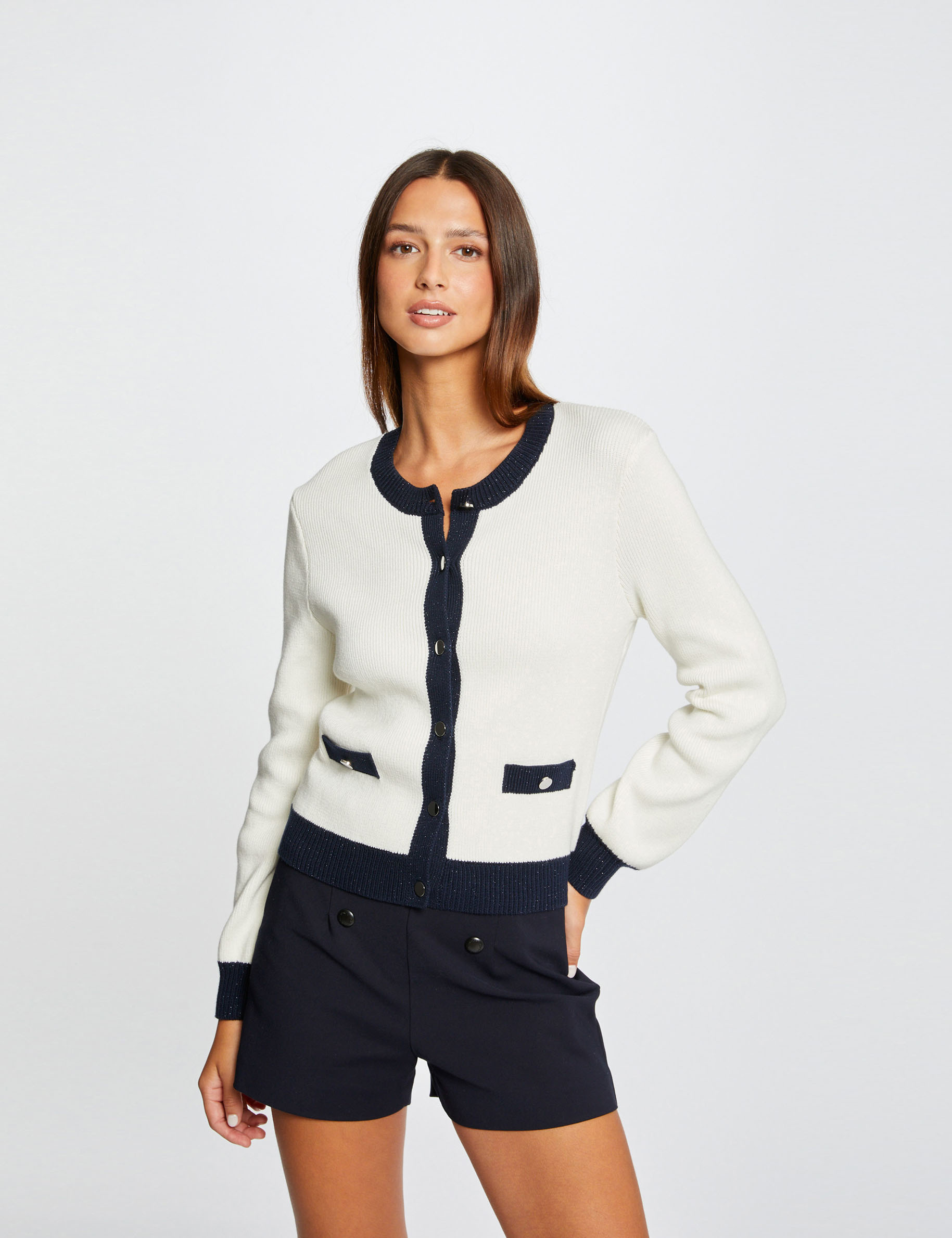 cardigan manga larga con cuello redondo marfil mujer Cárdigan manga larga con cuello redondo marfil mujer