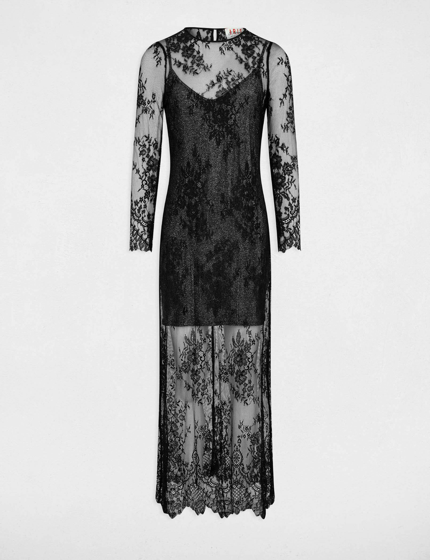 Vestido largo recto de encaje negro mujer