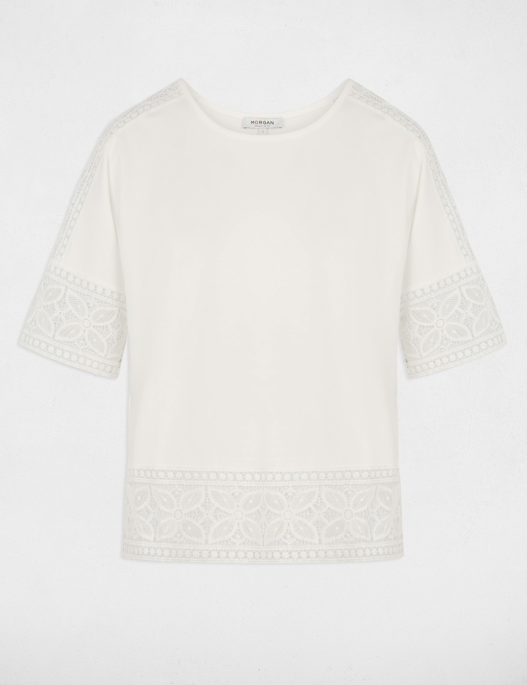 Camiseta de encaje cuello redondo blanco mujer
