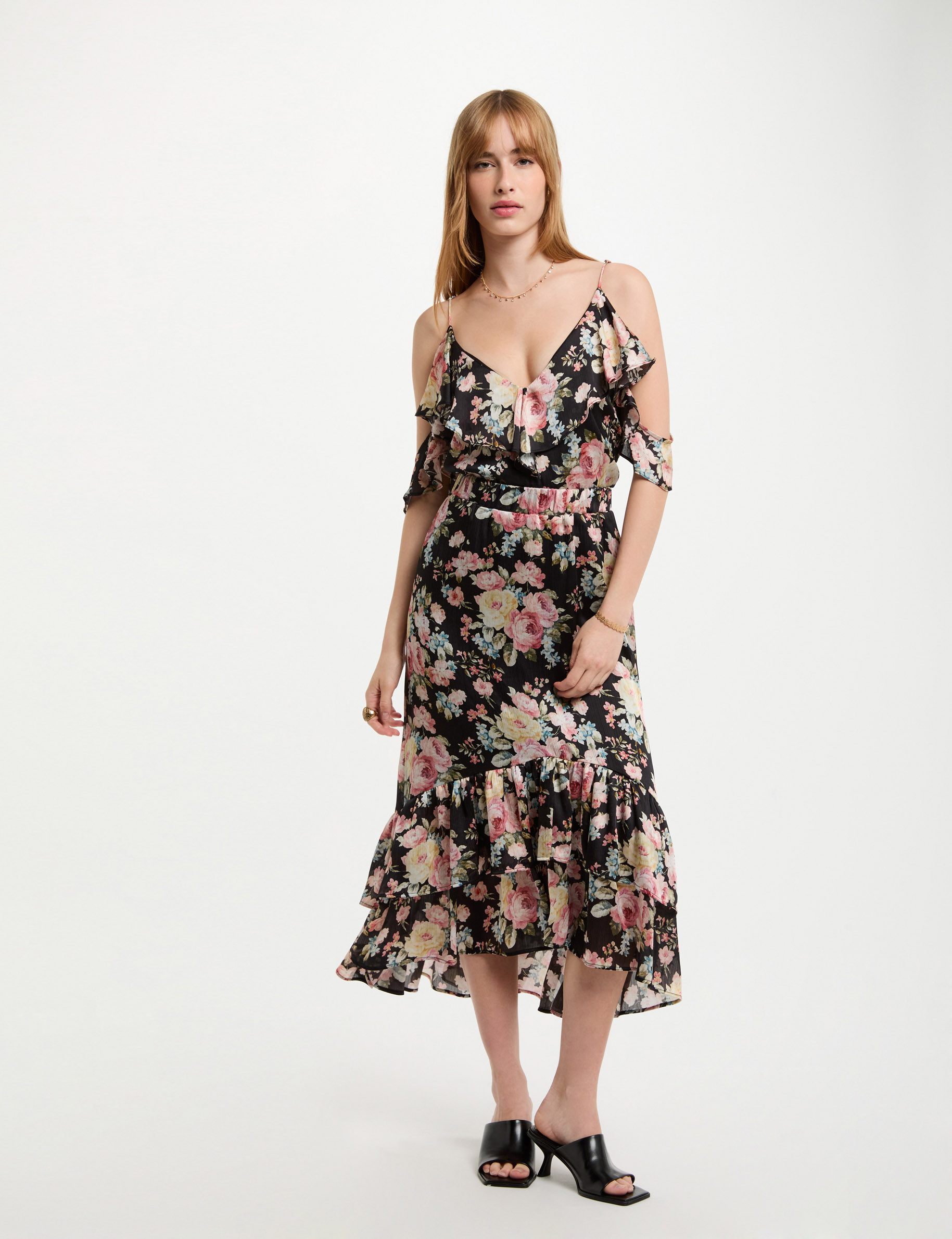 falda midi estampada volantes multicolor mujer Falda midi estampada volantes multicolor mujer