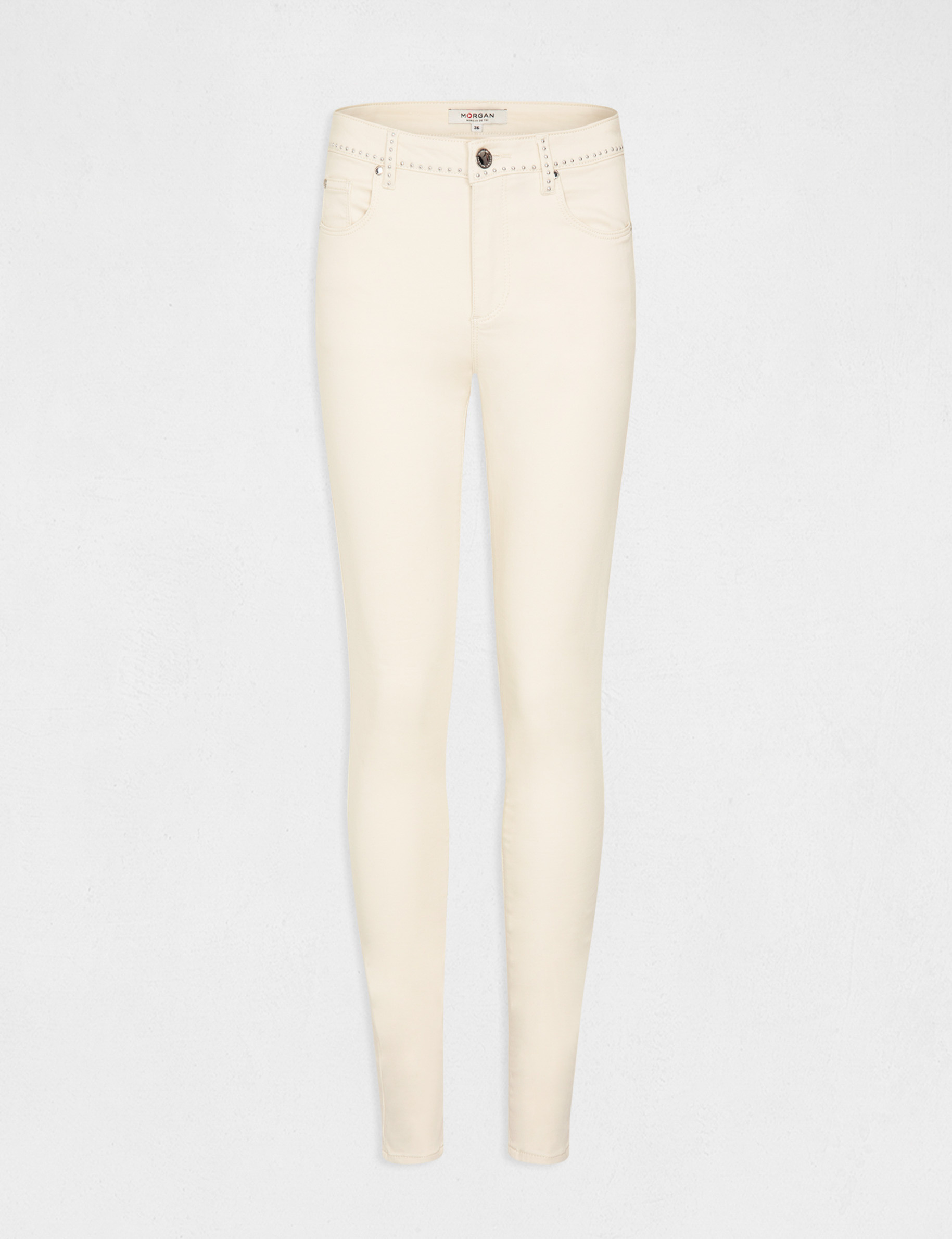 Pantalón slim con tachuelas marfil mujer Pantalón slim con tachuelas marfil mujer