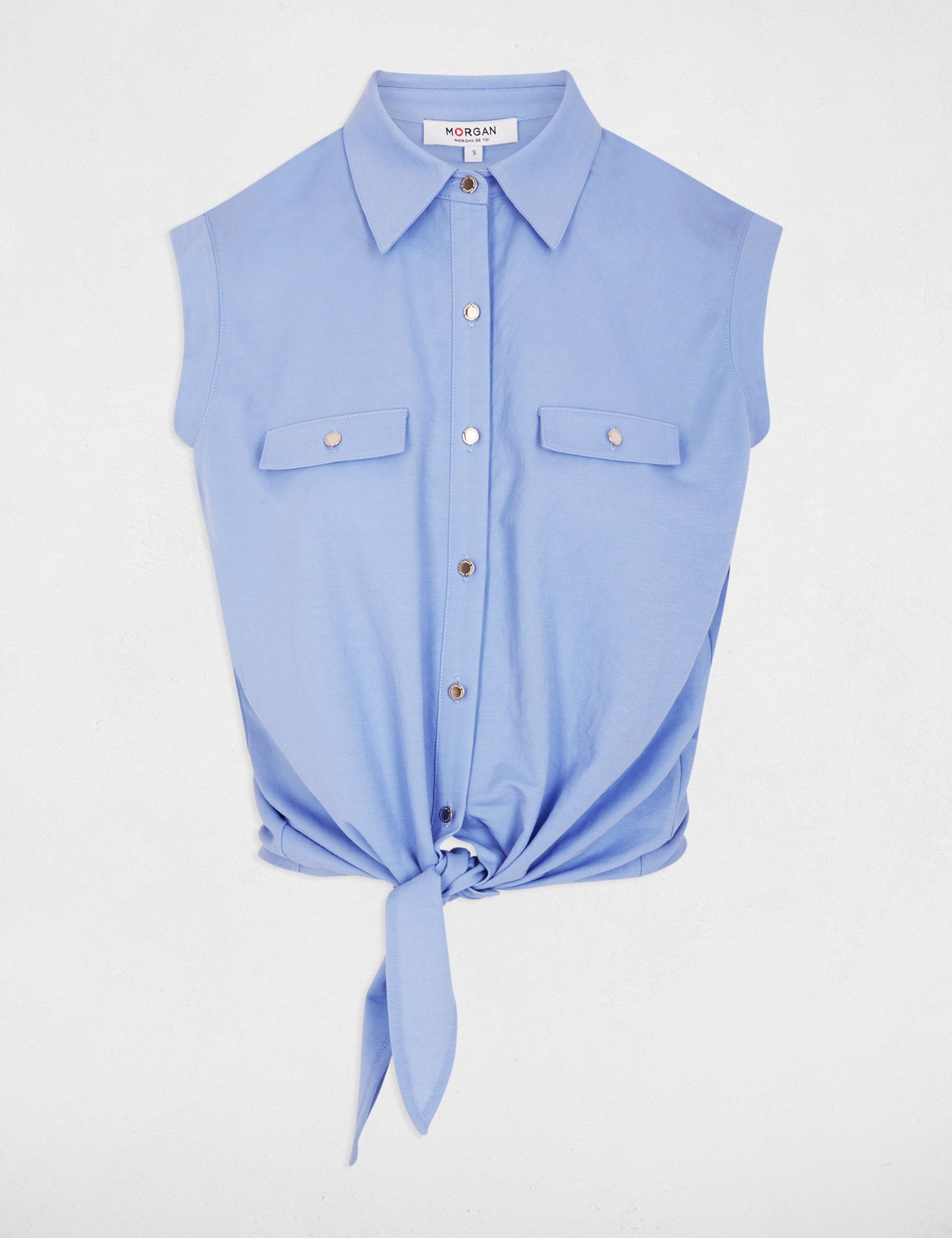 Camisa anudada sin mangas azul lavanda mujer