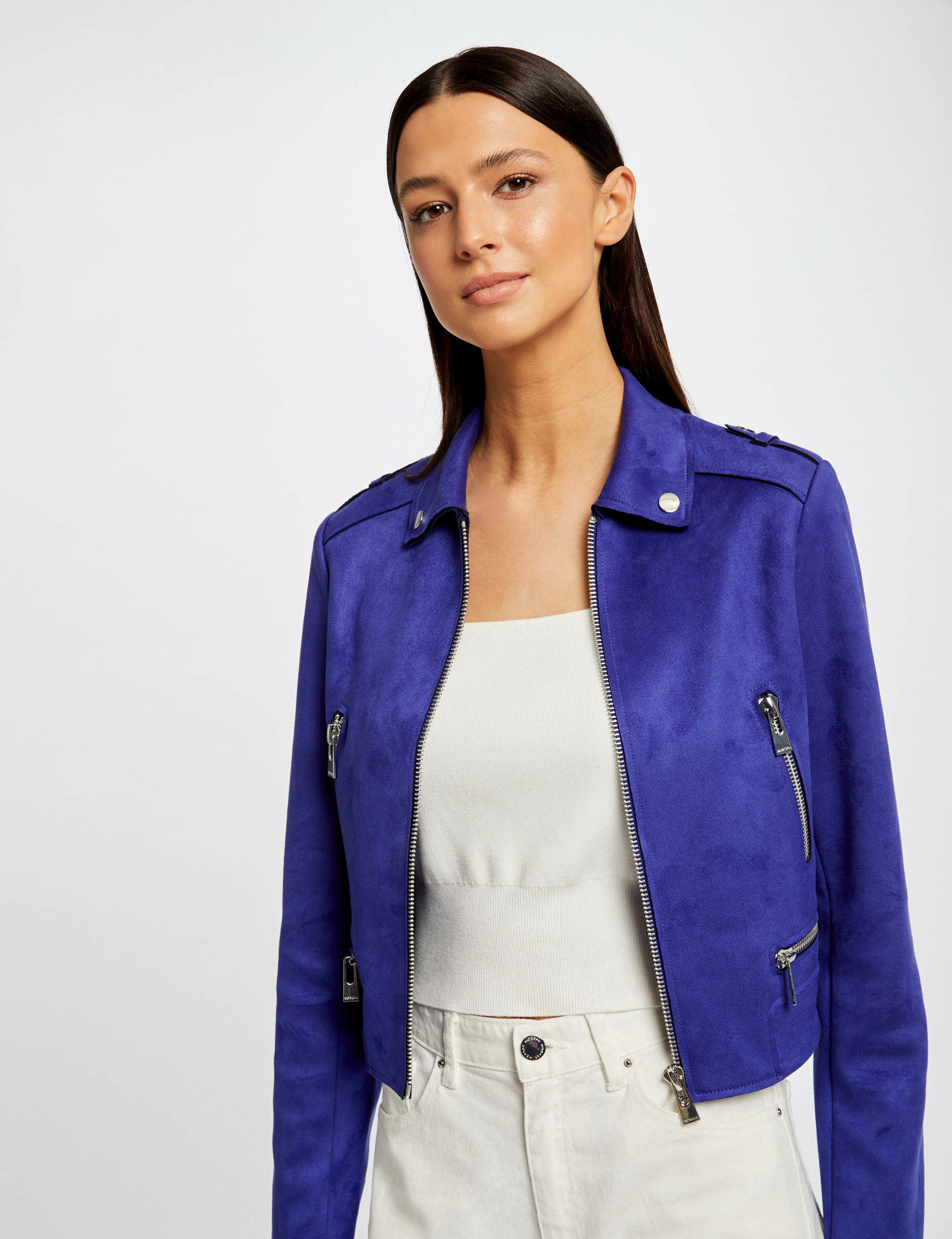 chaqueta recta efecto de antelina azul medio mujer Chaqueta recta efecto de antelina azul medio mujer