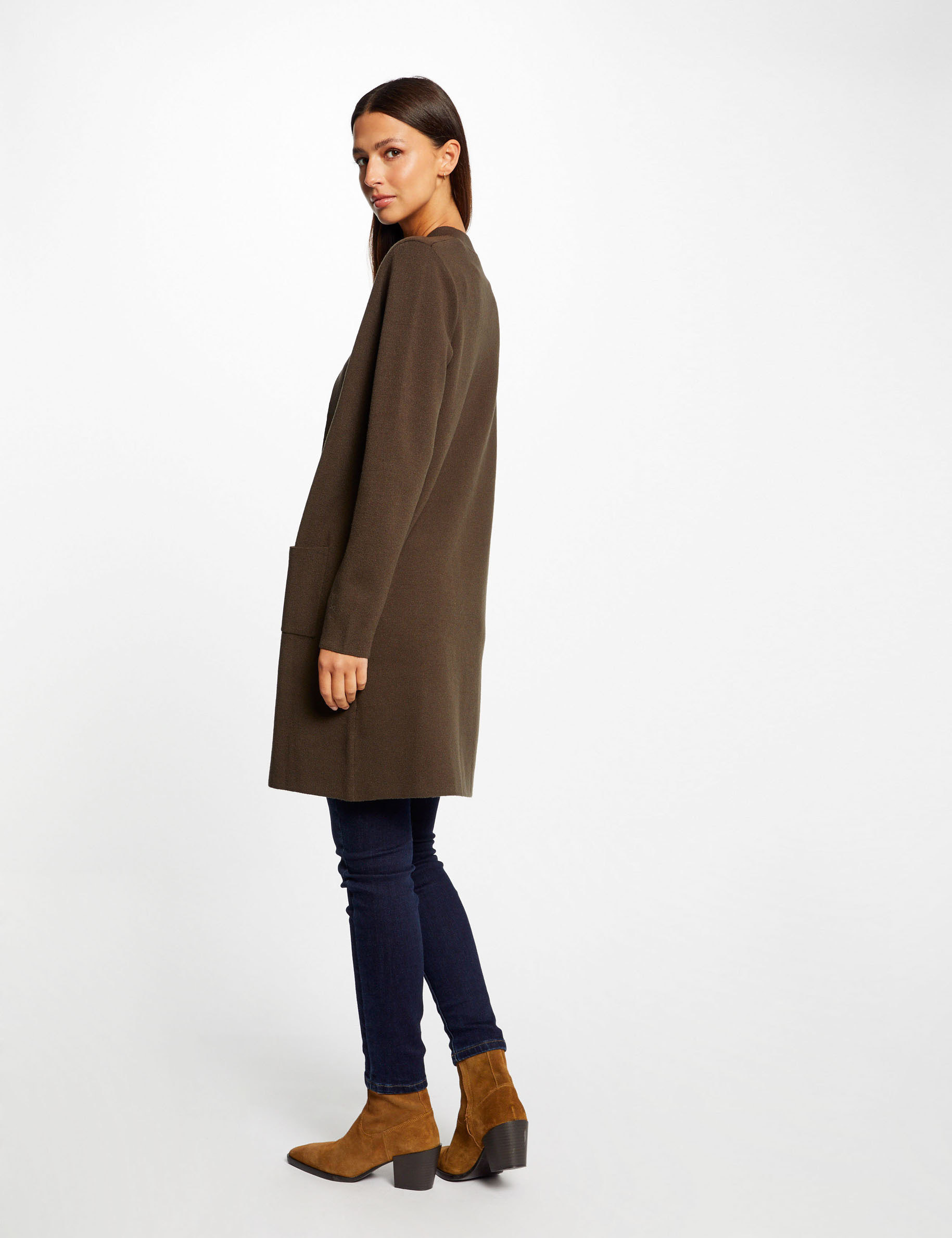 cardigan largo recto con cuello abierto verde oscuro mujer Cárdigan largo recto con cuello abierto verde oscuro mujer