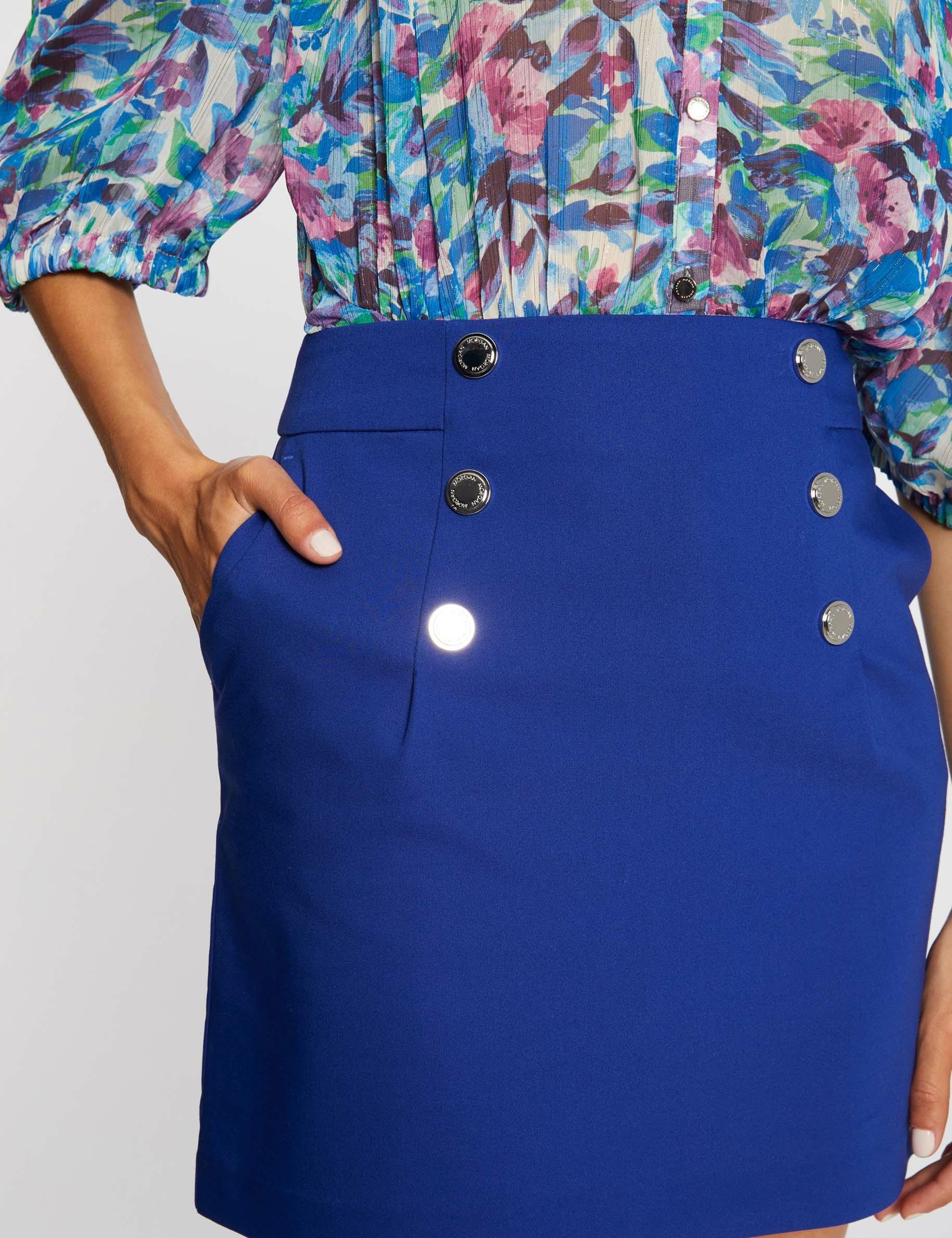 Falda recta talle alto con botones azul eléctrico mujer Falda recta talle alto con botones azul eléctrico mujer
