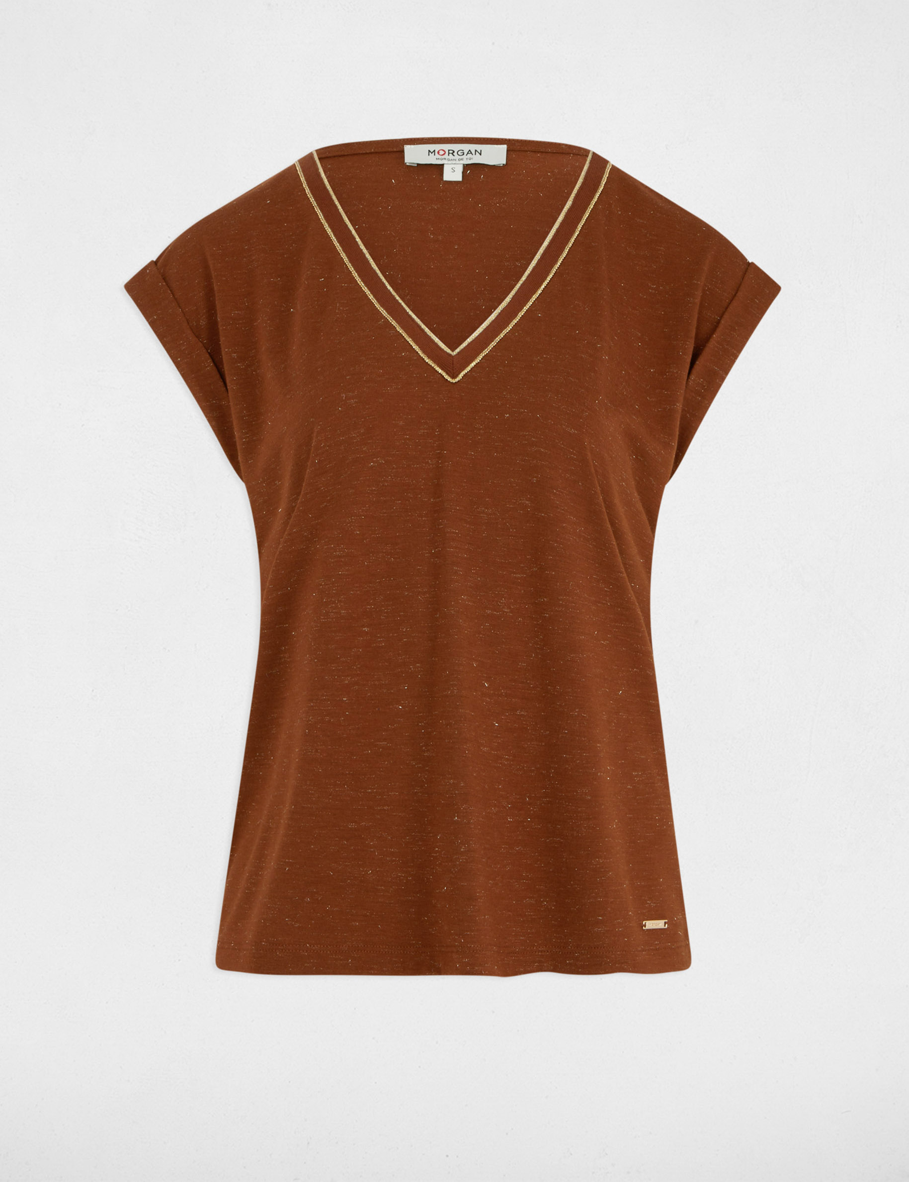 camiseta de manga corta marron conac mujer Camiseta de manga corta marrón coñac mujer