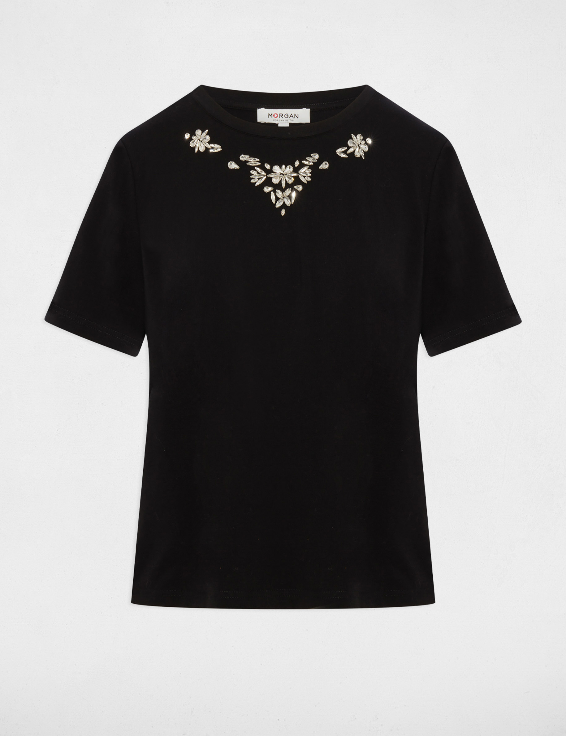 Camiseta de strass manga corta negro mujer