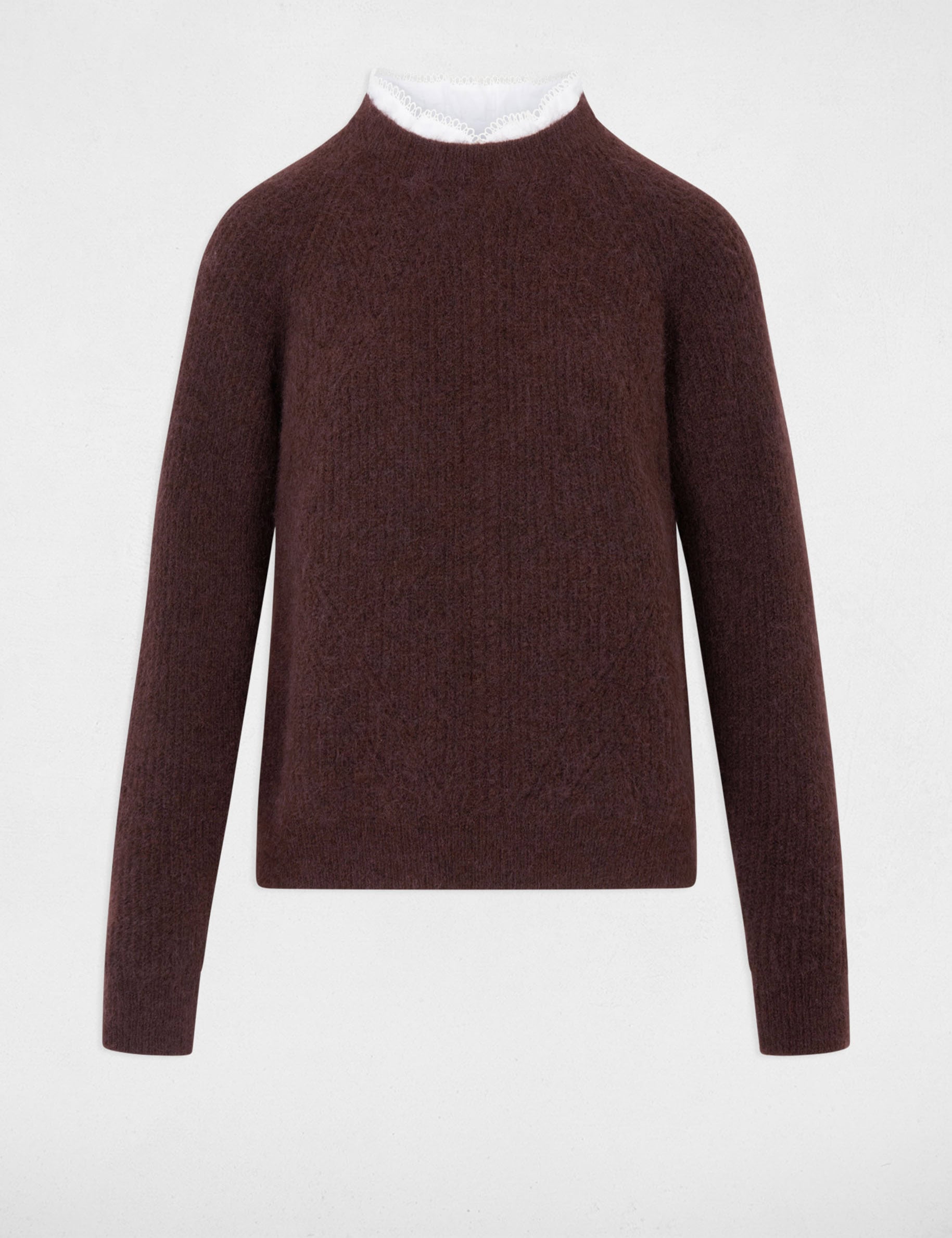Jersey cuello redondo detalles camisa marr&oacute;n oscuro mujer