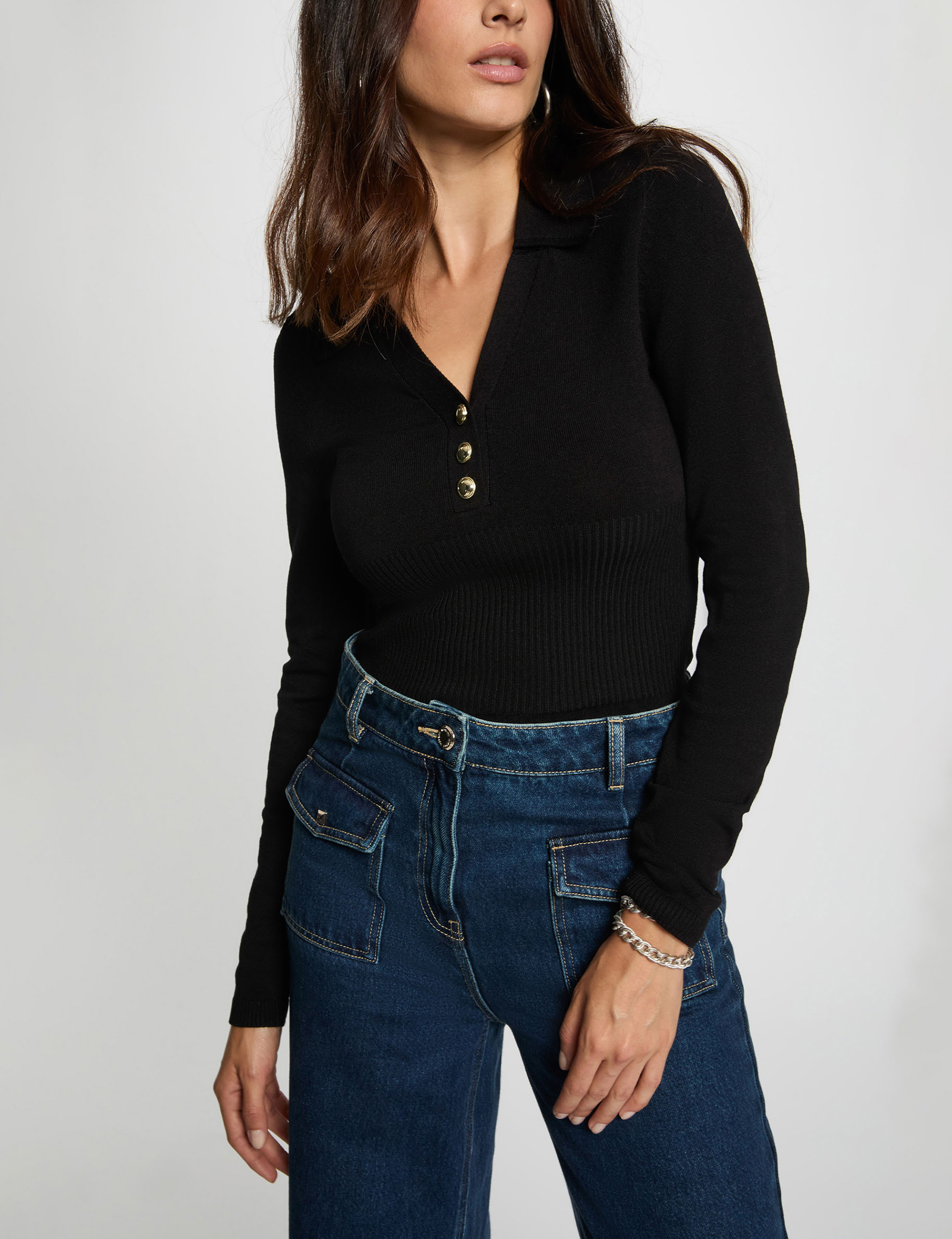 jersey entallado con cuello polo negro mujer Jersey entallado con cuello polo negro mujer