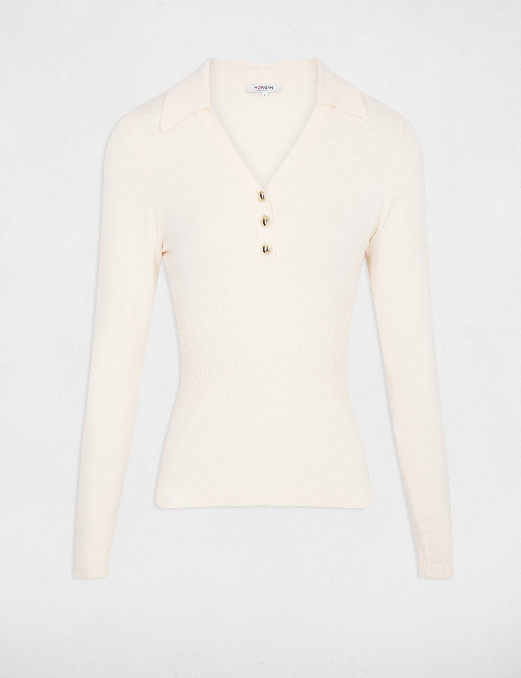 Jersey entallado con cuello polo marfil mujer