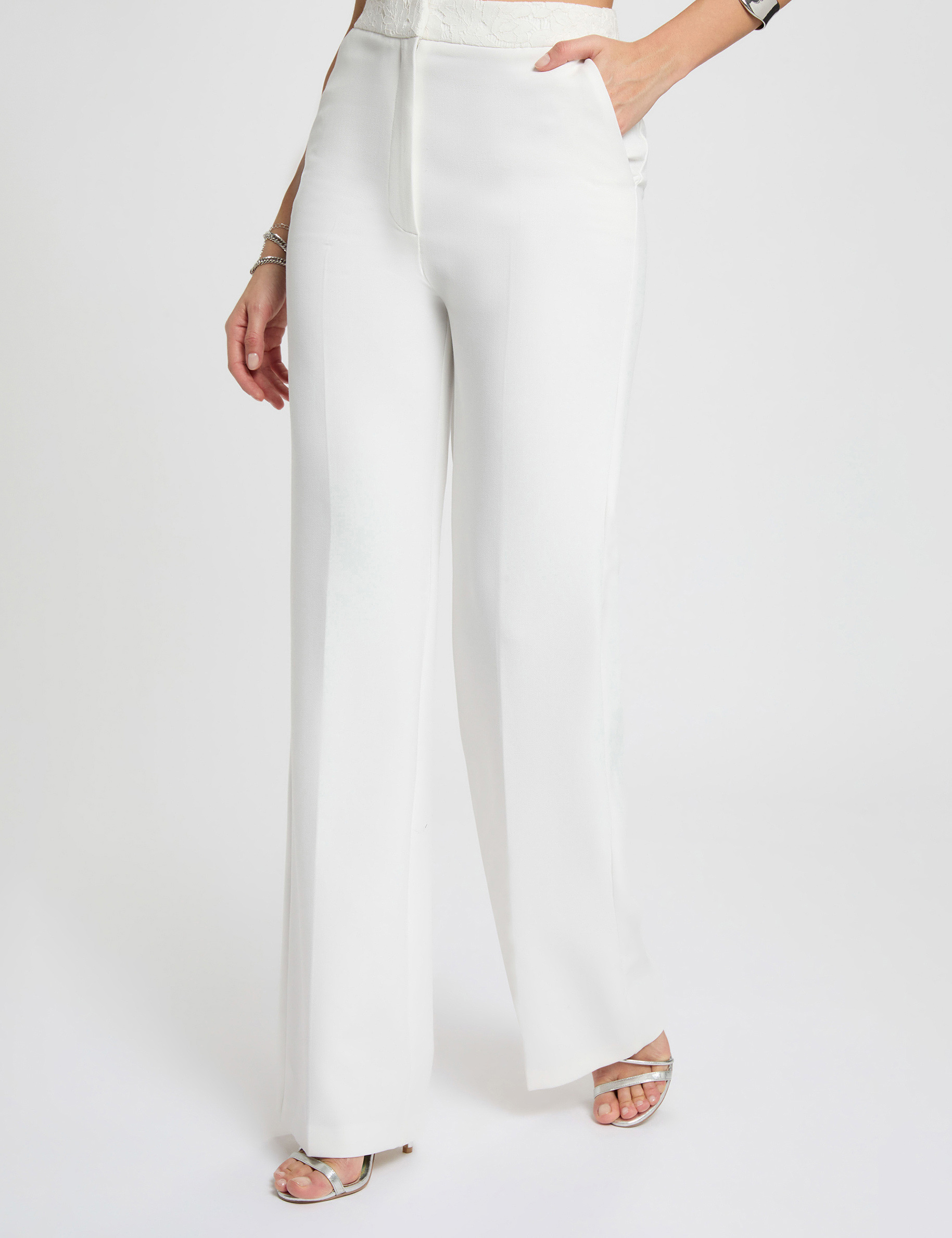 Pantal&oacute;n ancho de tiro alto blanco mujer