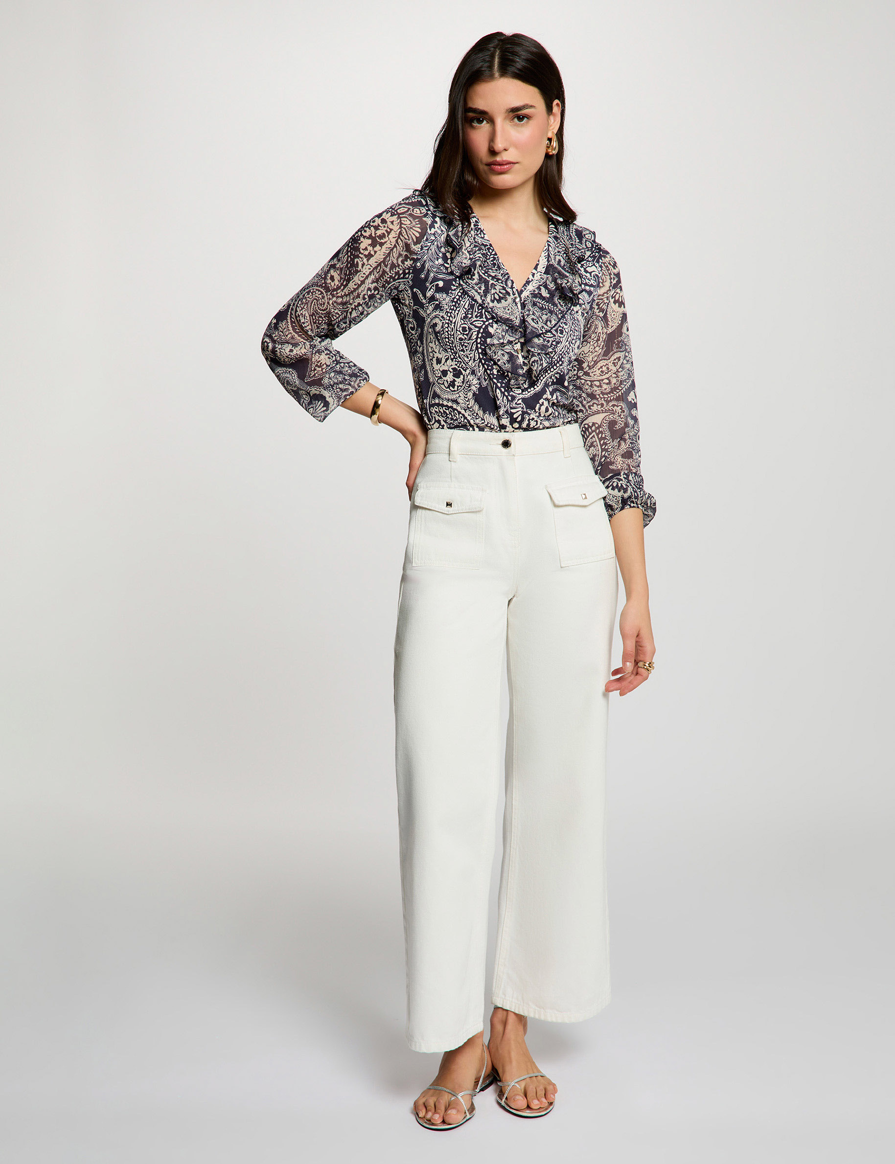 Blusa de gasa con cuello en v blanco mujer