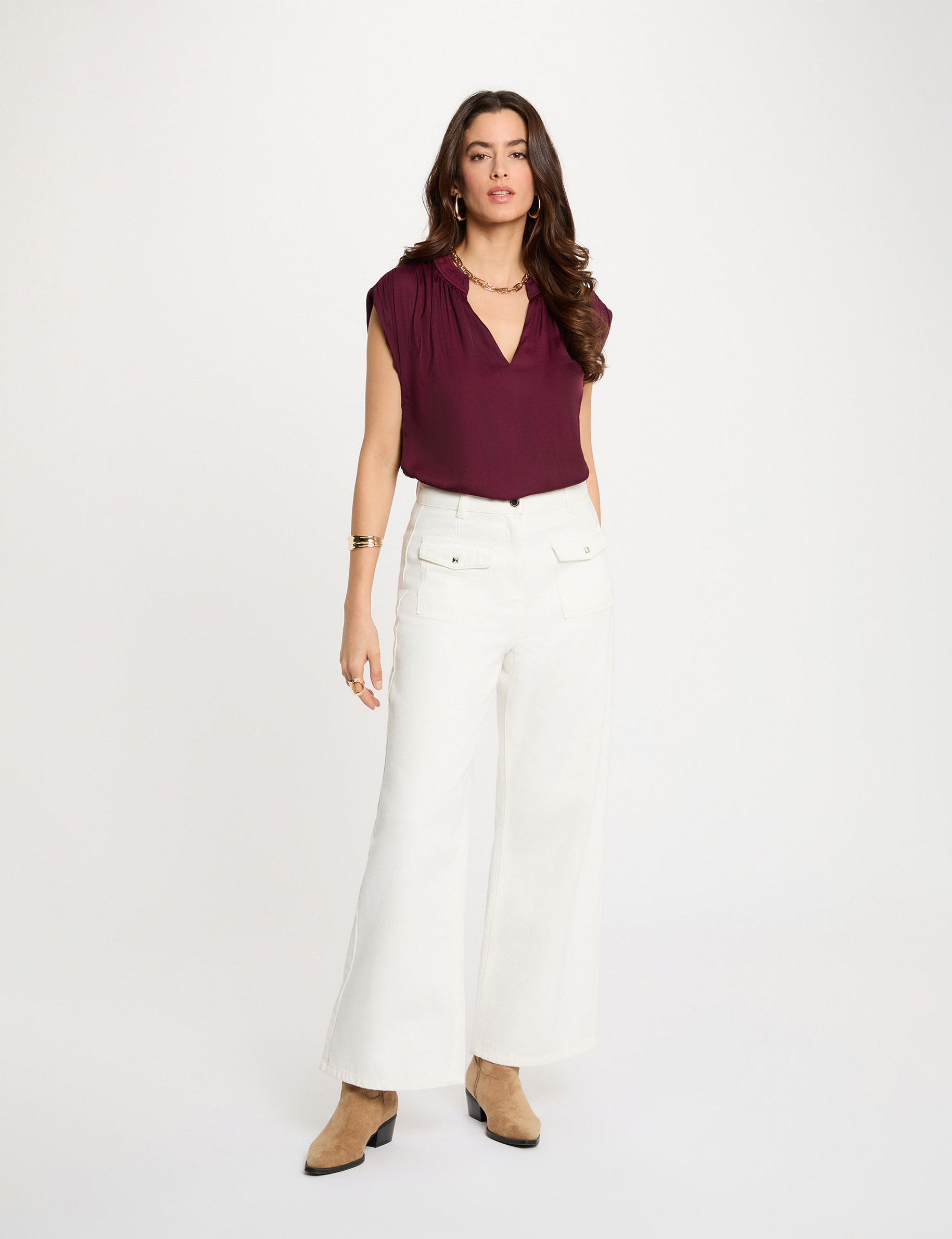 Blusa manga corta satinada ciruela mujer