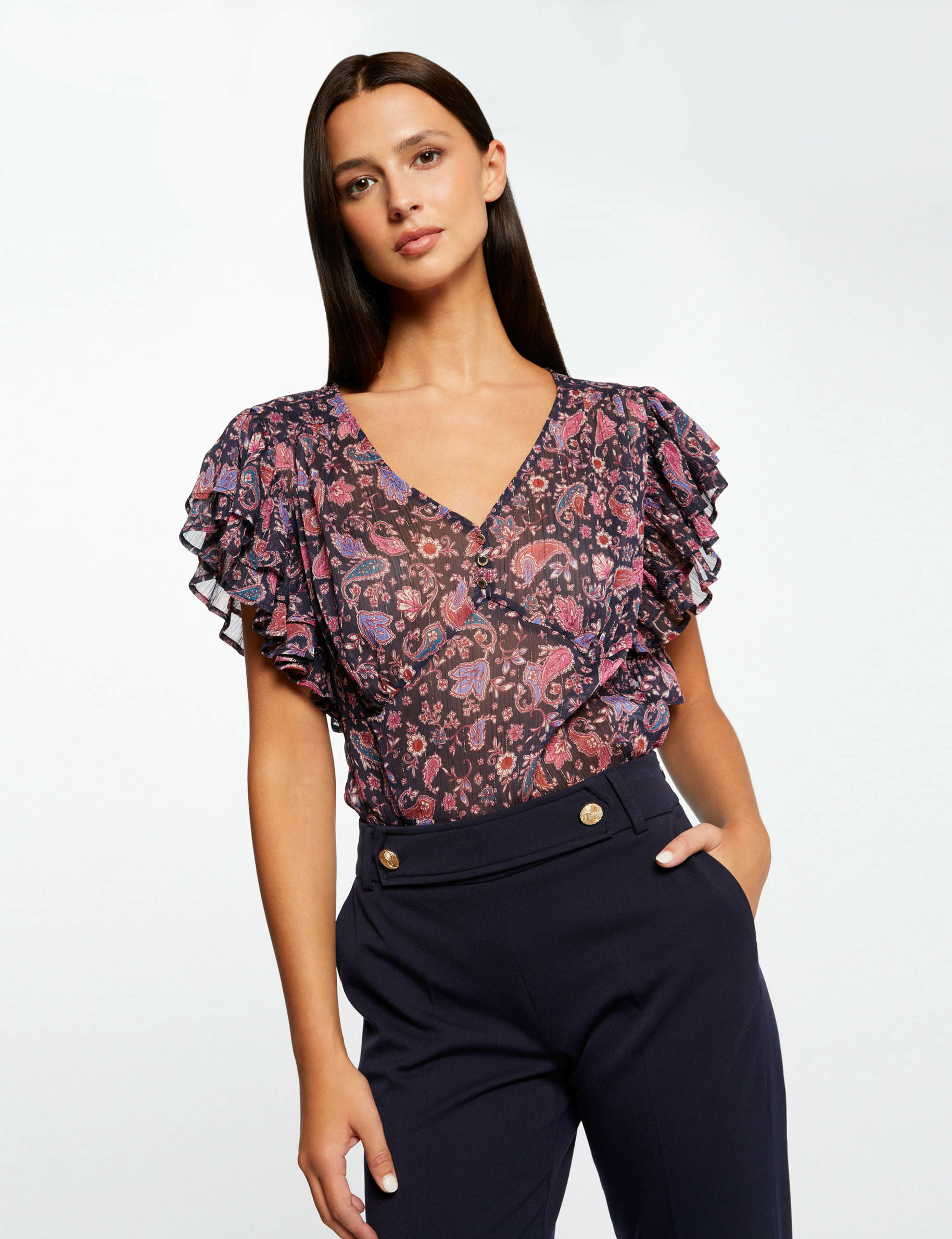 blusa manga corta estampado cachemira marino mujer Blusa manga corta estampado cachemira marino mujer