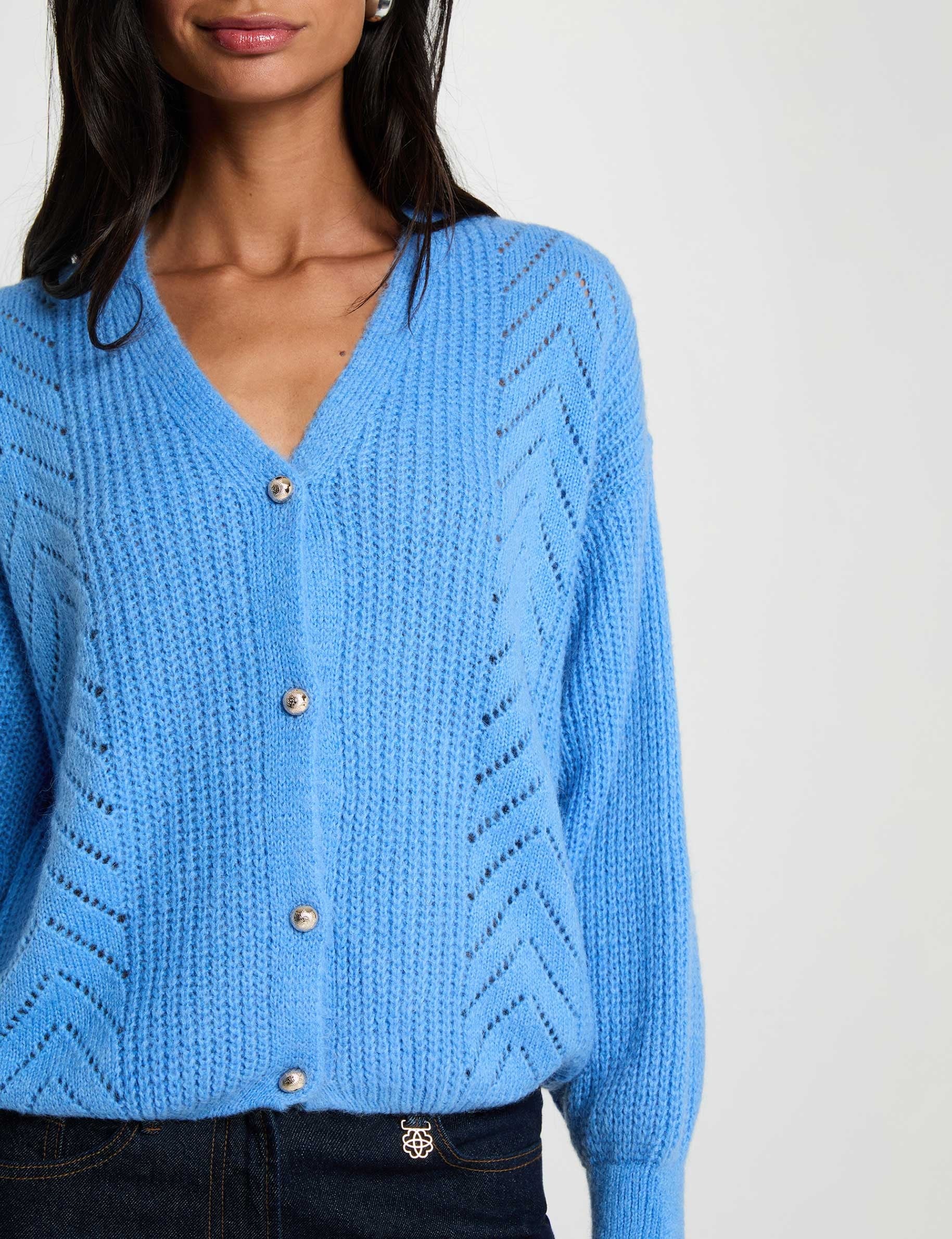 C&aacute;rdigan de cuello en V azul mujer