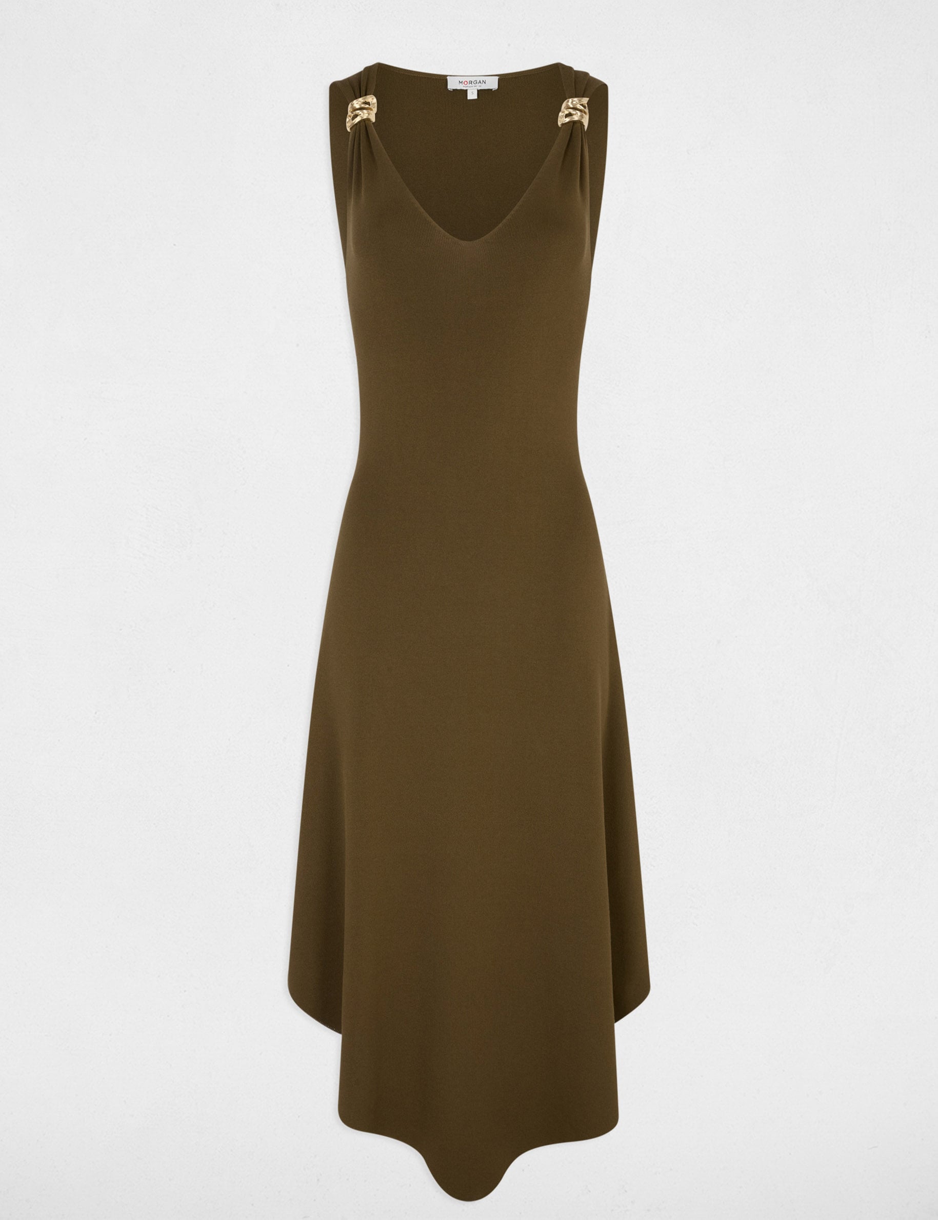 Vestido de punto con cuello en V verde caqui mujer