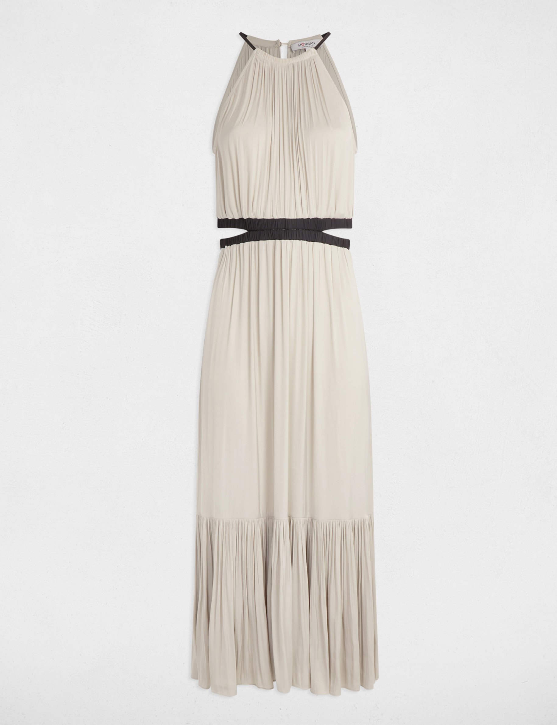 vestido largo recto de saten beige mujer Vestido largo recto de satén beige mujer