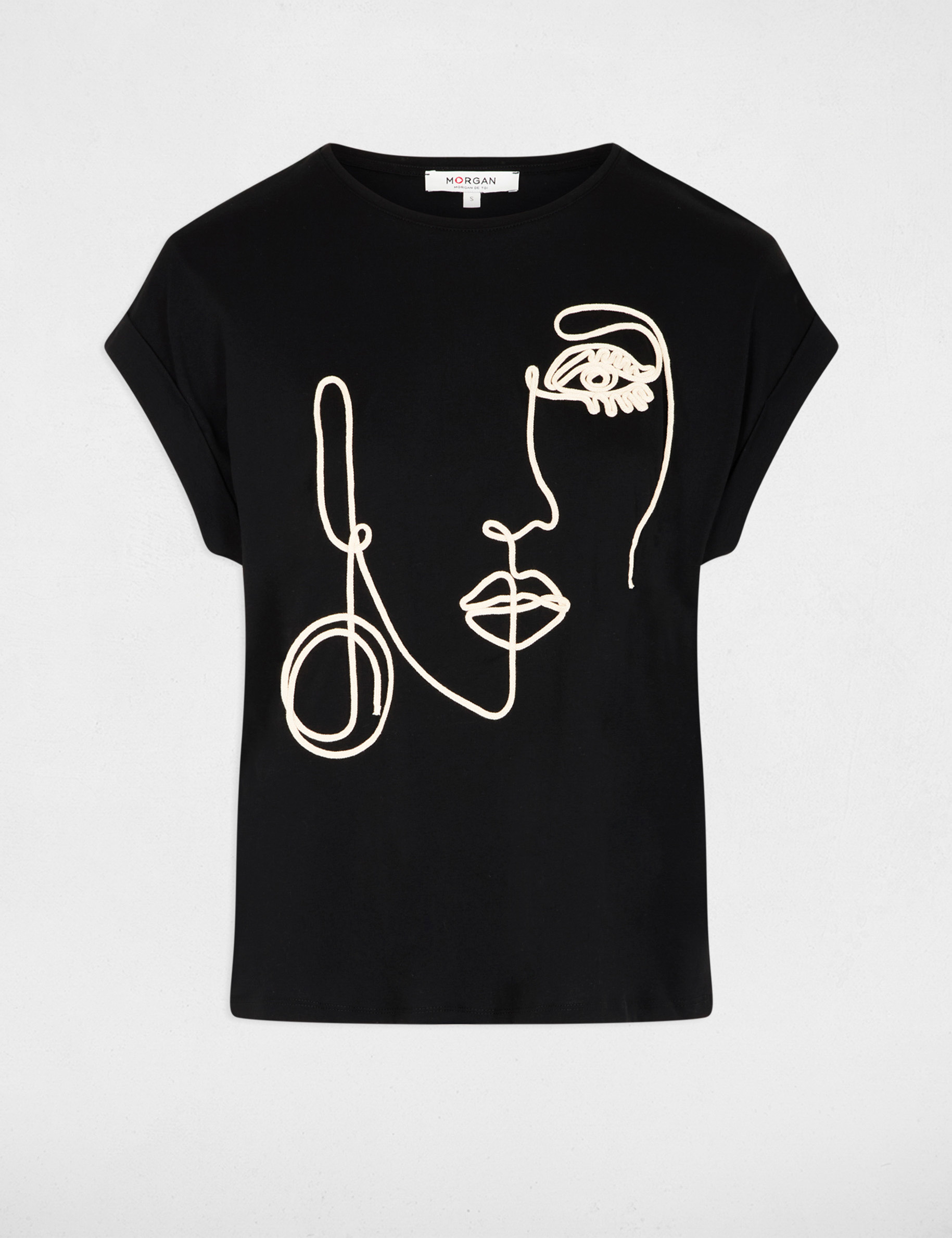 Camiseta bordado rostro negro mujer
