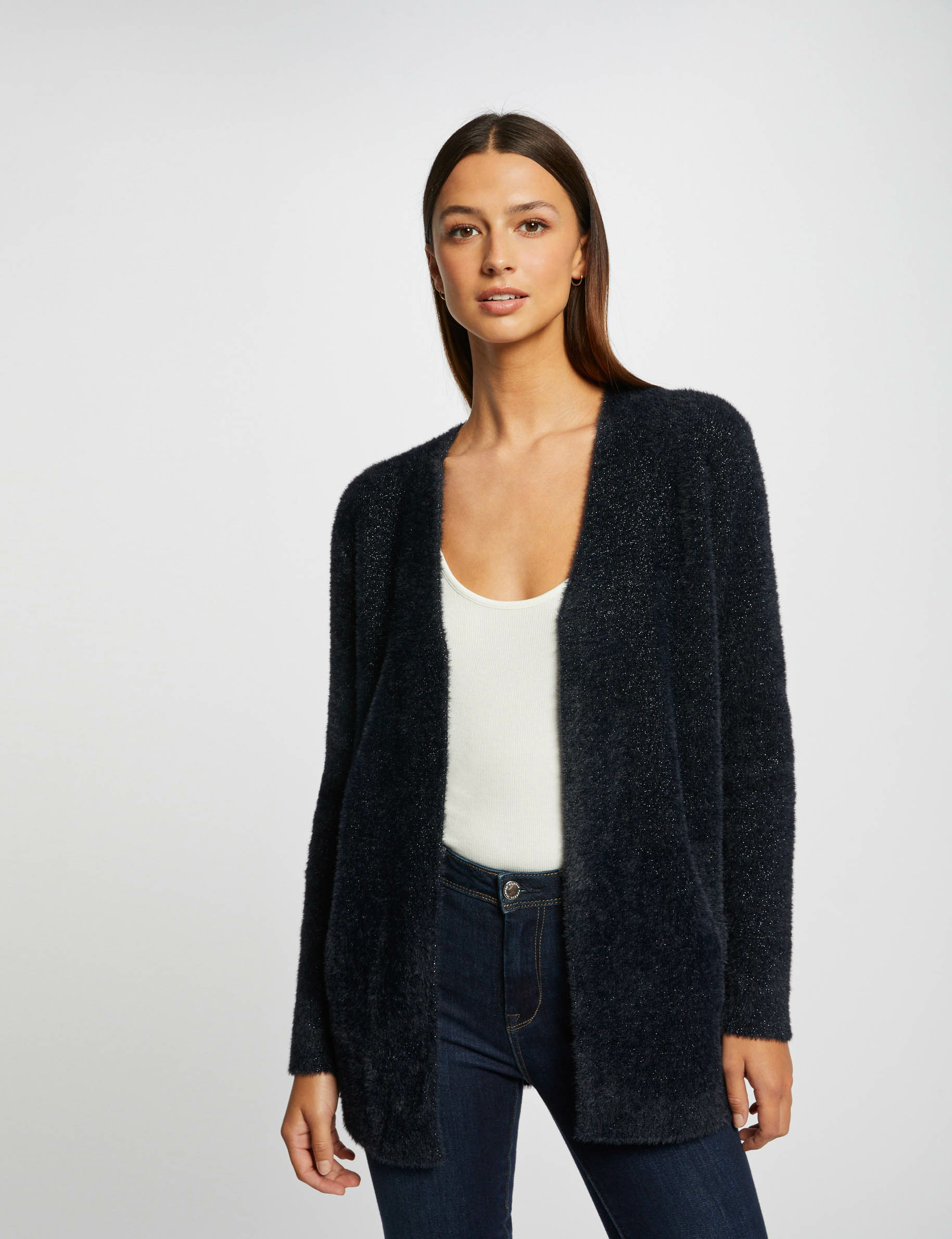 cardigan recto hilos metalizados marino mujer Cárdigan recto hilos metalizados marino mujer