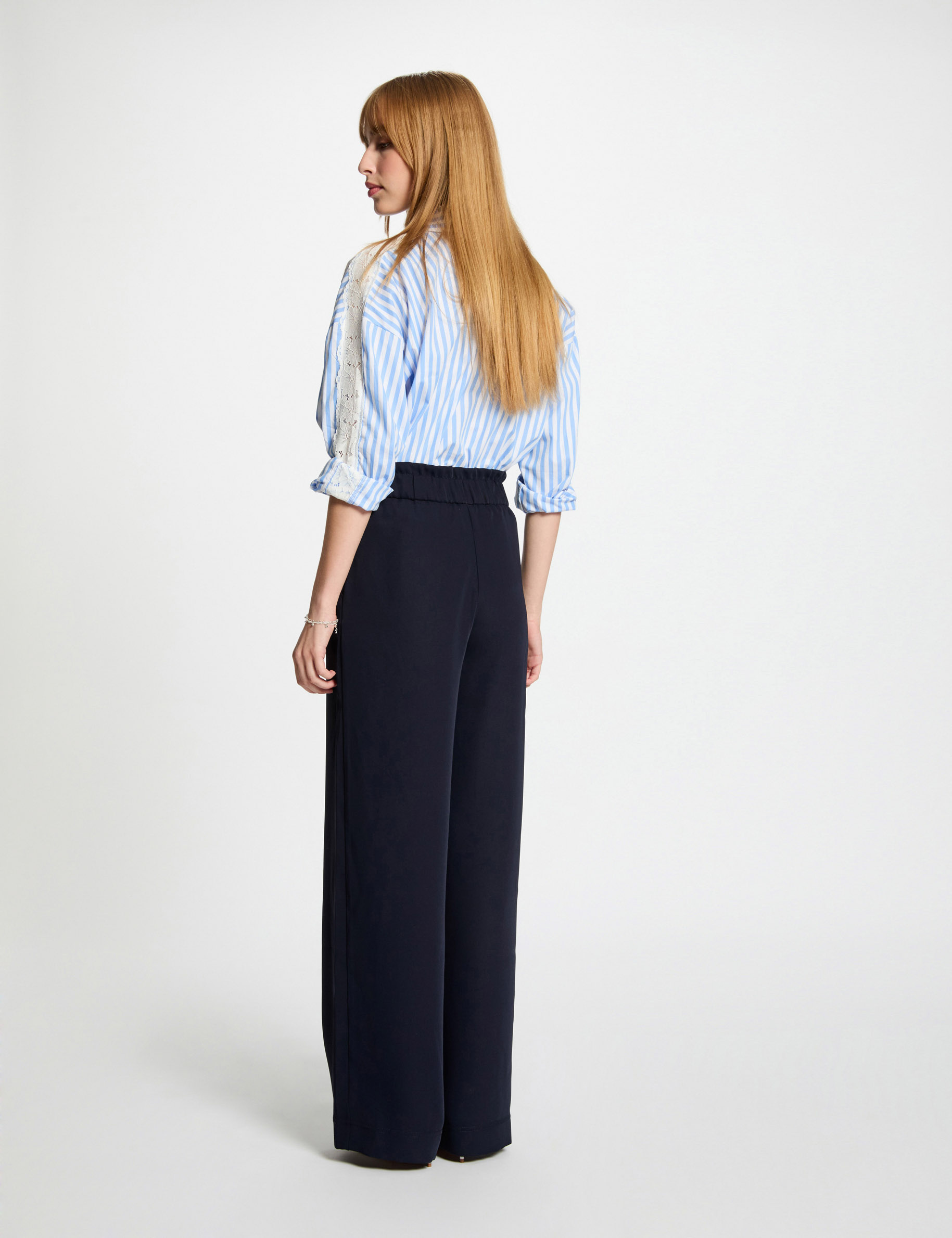 pantaln pernera ancha azul marino mujer Pantal�n pernera ancha azul marino mujer