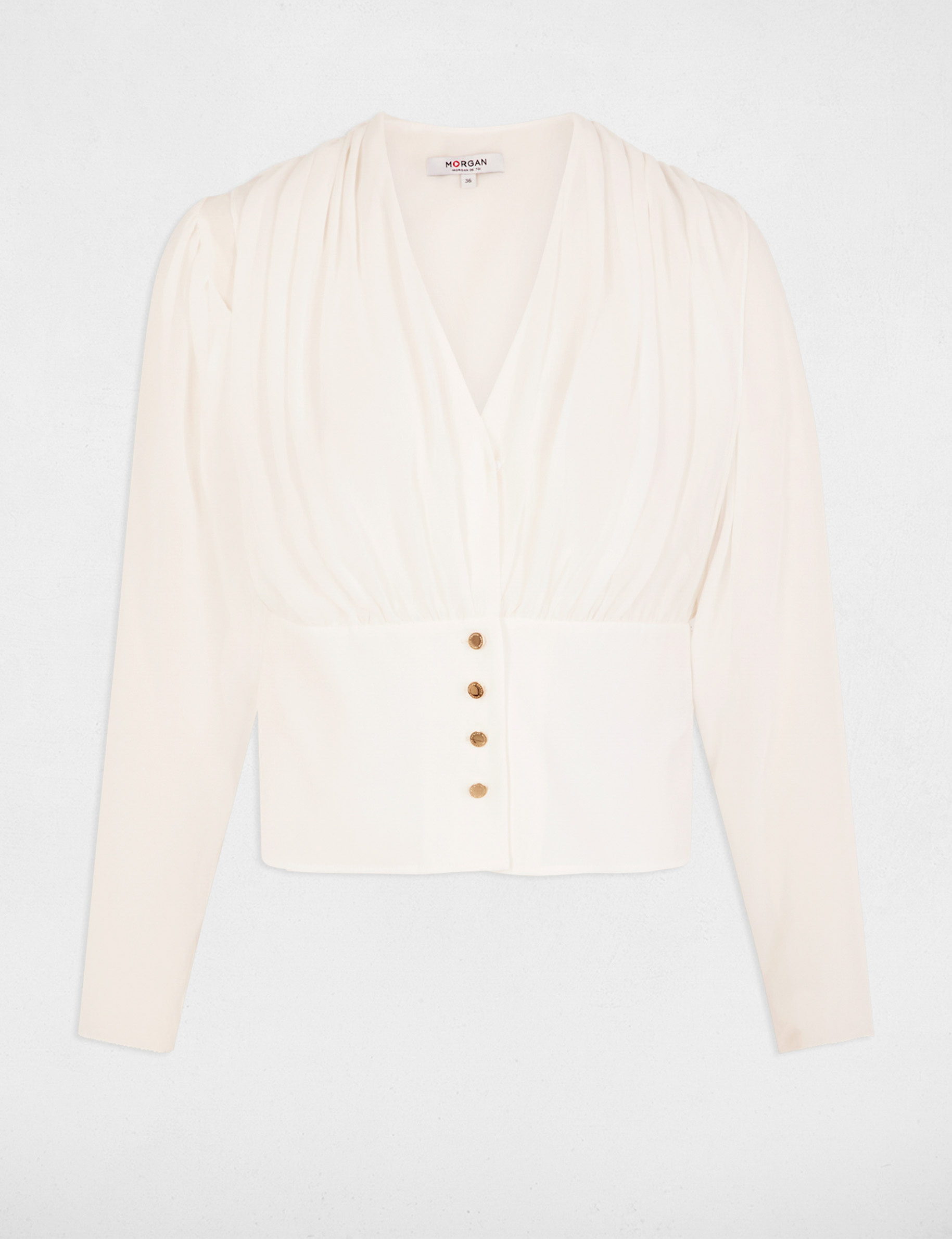 blusa manga larga drapeada blanco mujer Blusa manga larga drapeada blanco mujer