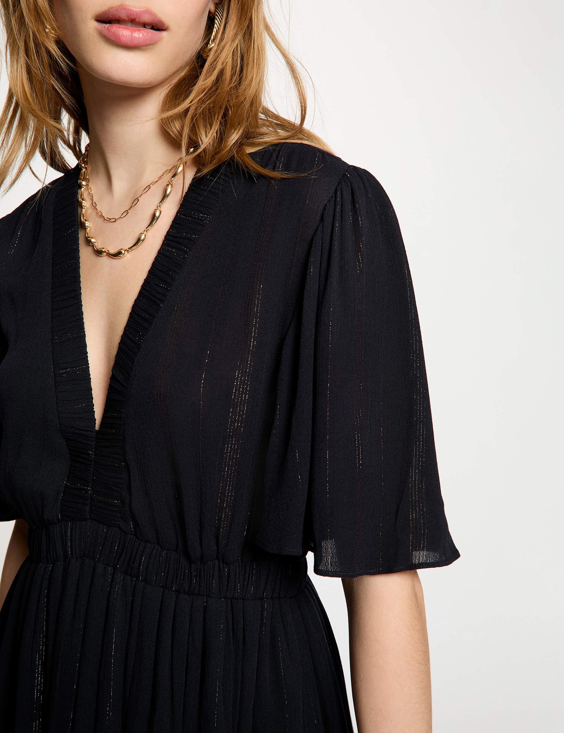 Vestido largo con cuello en V azul marino mujer