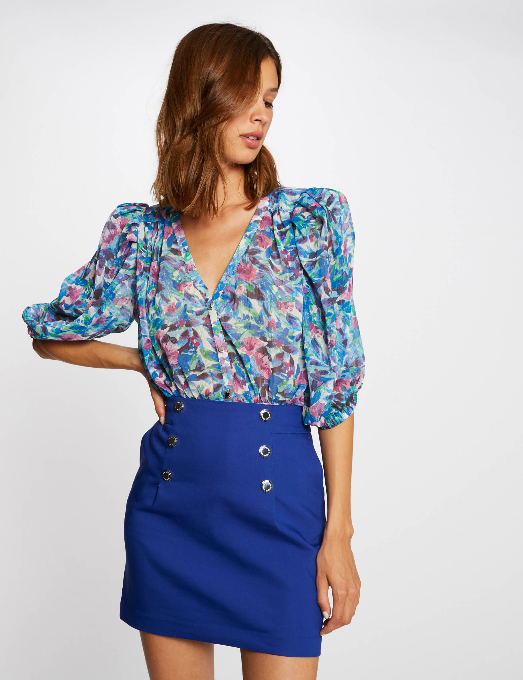Falda recta talle alto con botones azul eléctrico mujer Falda recta talle alto con botones azul eléctrico mujer
