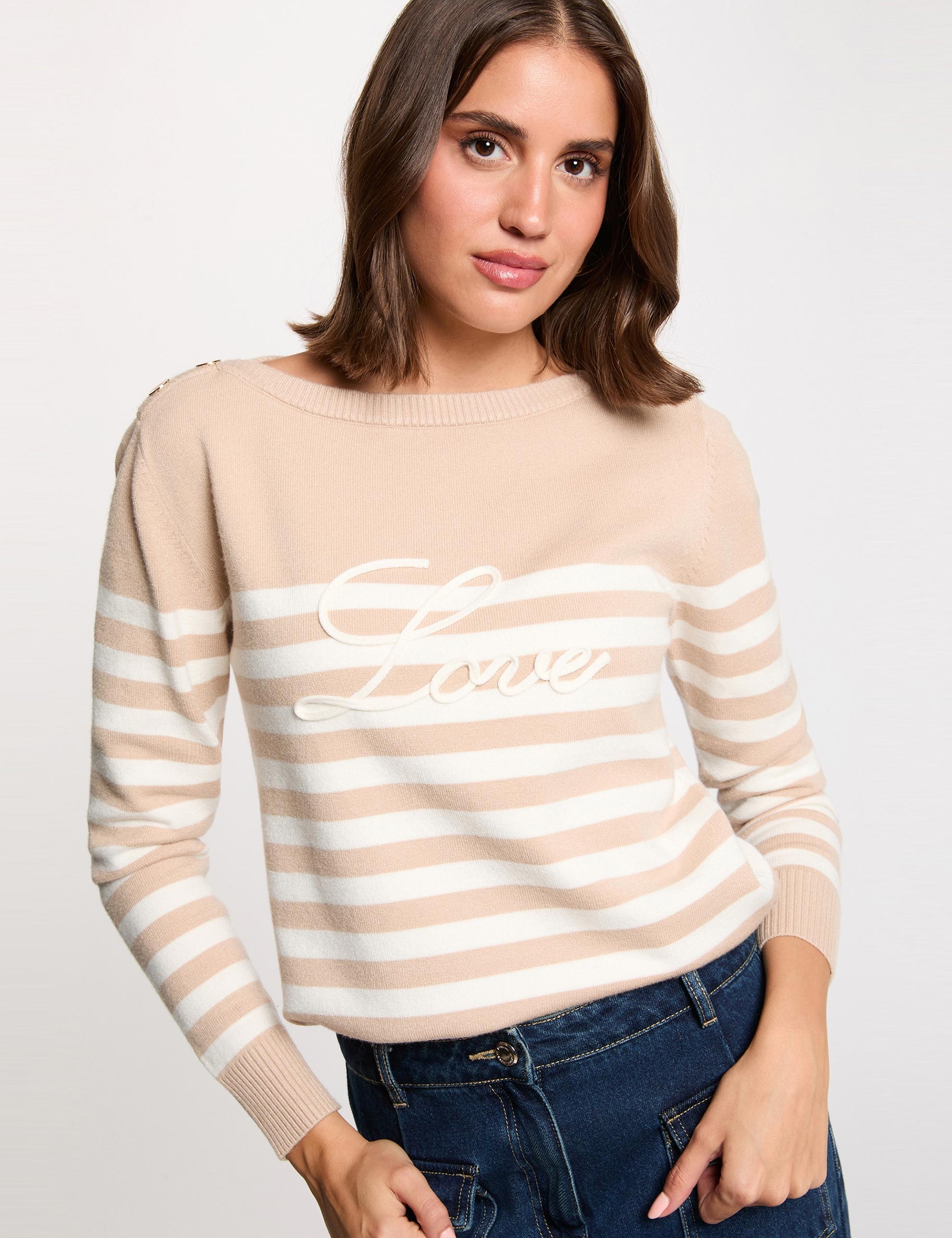 Jersey bordado a rayas marron clair mujer