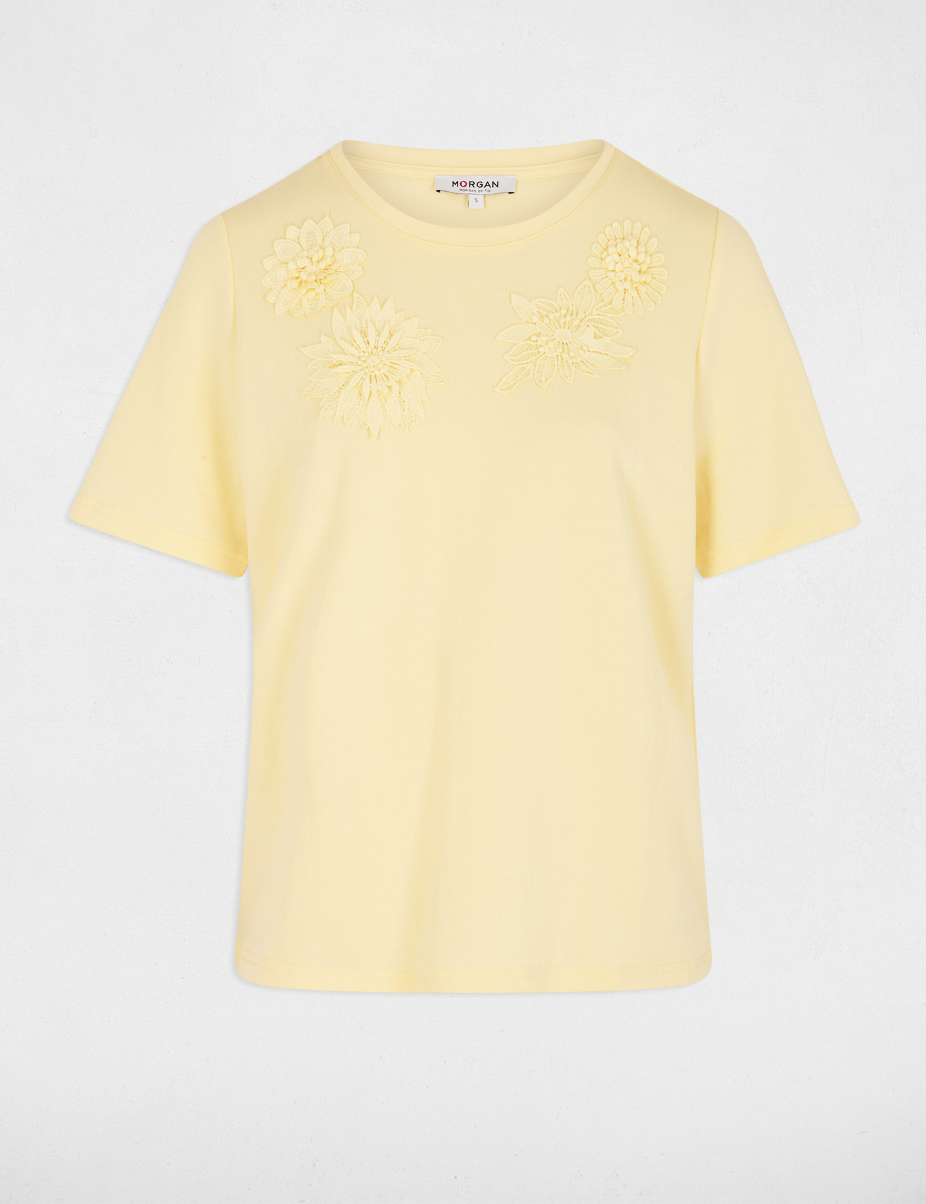 Camiseta recta cuello redondo amarillo pastel mujer