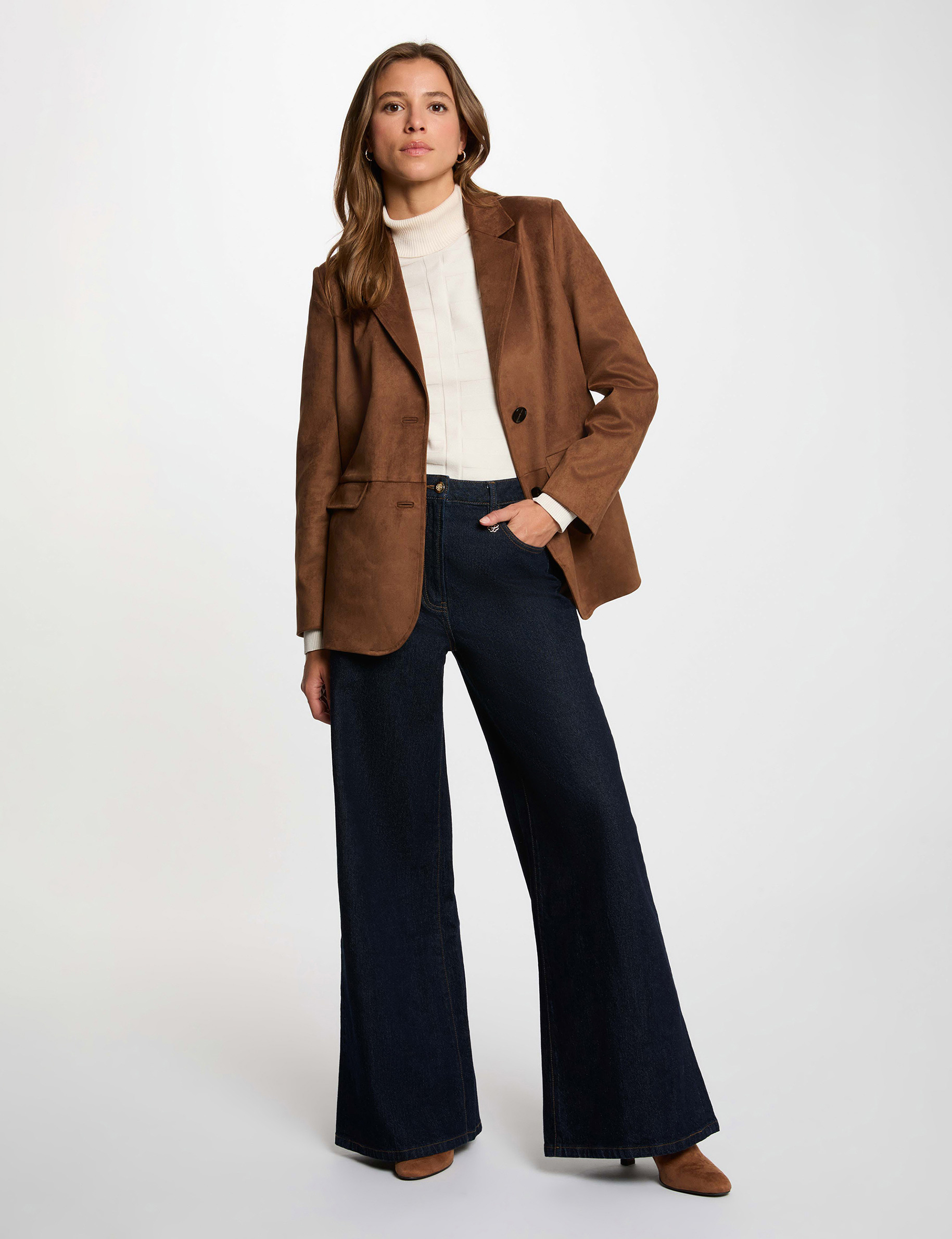 Chaqueta de ante con cuello de solapa marr&oacute;n chocolate mujer