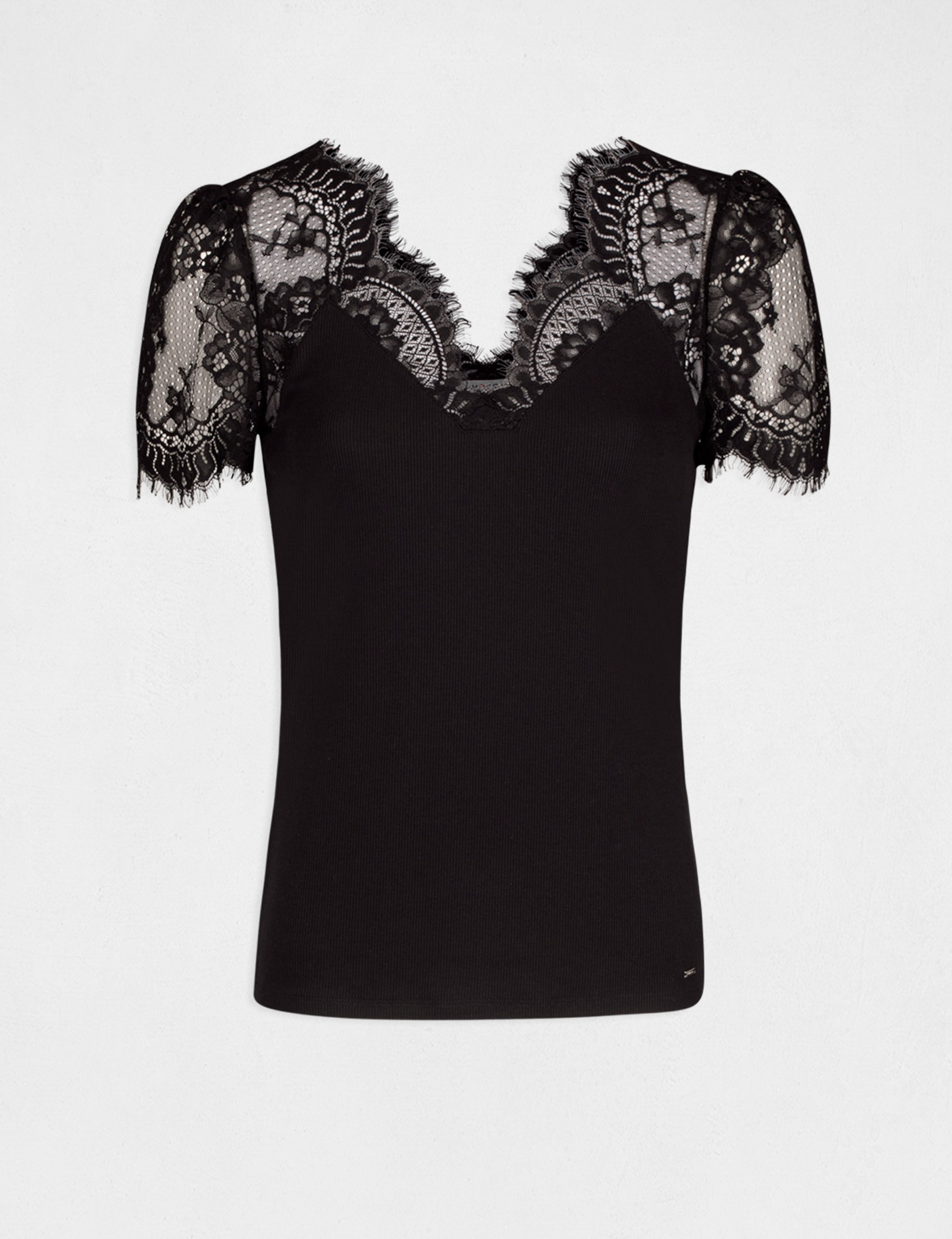 Camiseta manga corta con encaje negro mujer