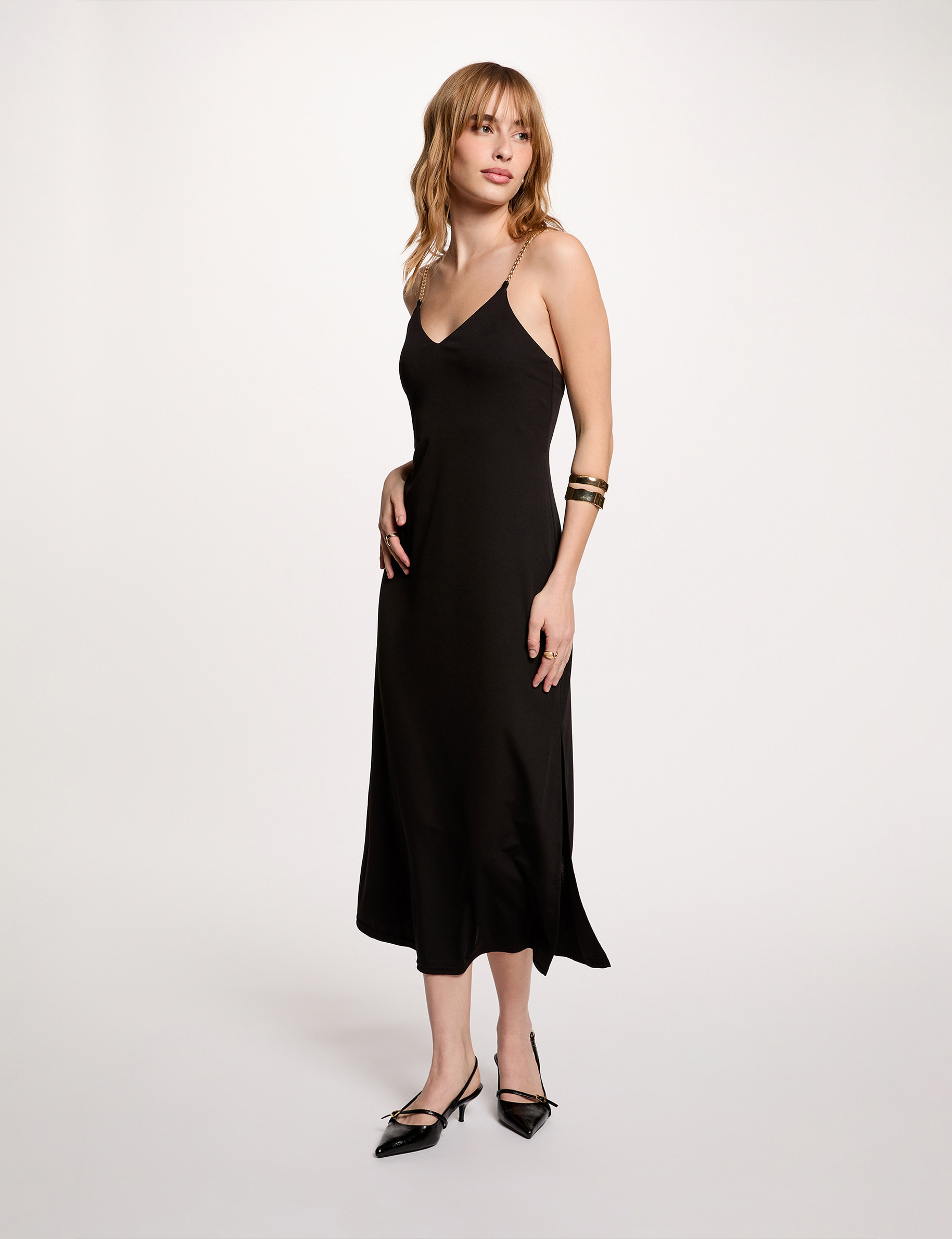 Vestido midi tirantes cadena negro mujer