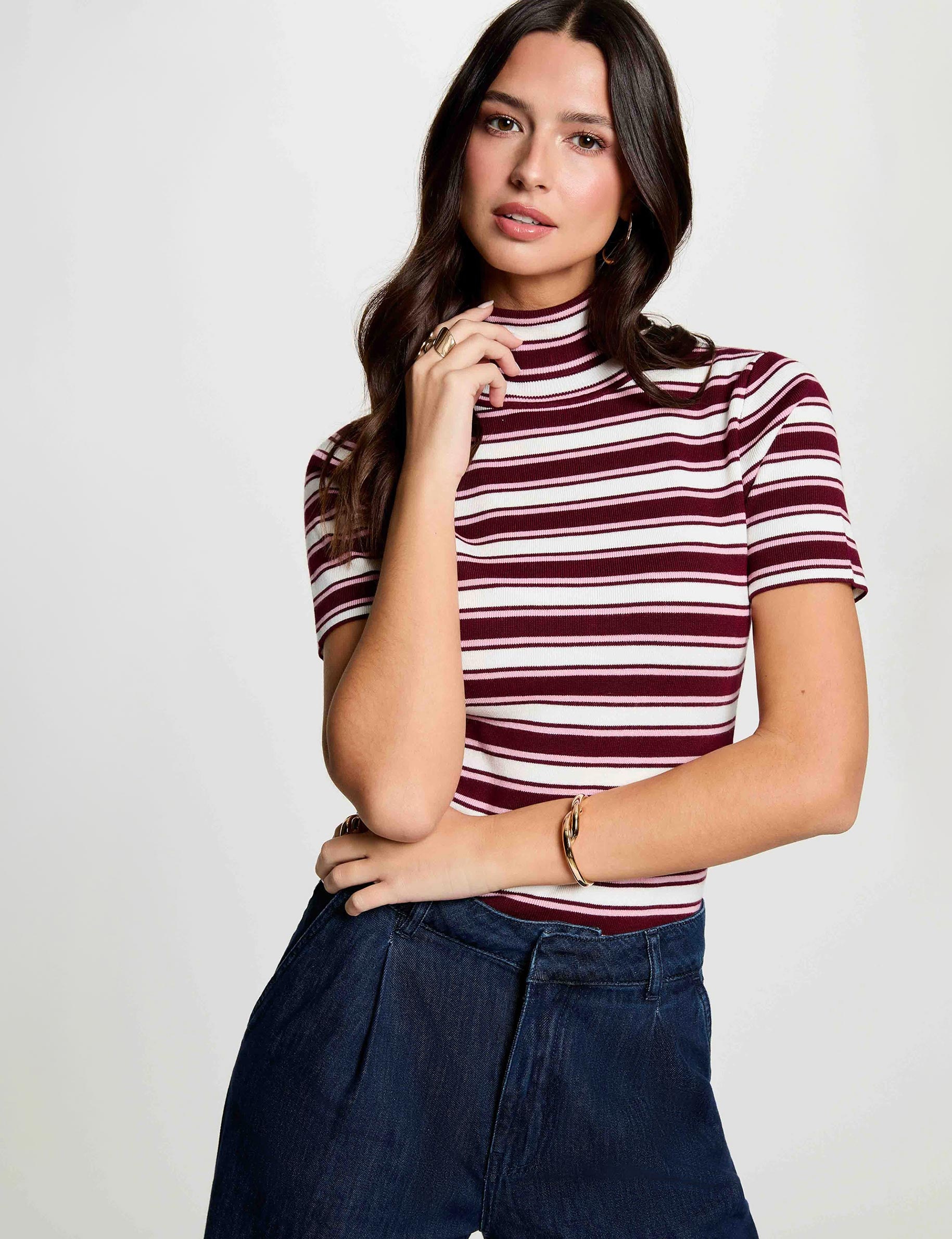 Jersey de cuello alto a rayas burdeos mujer