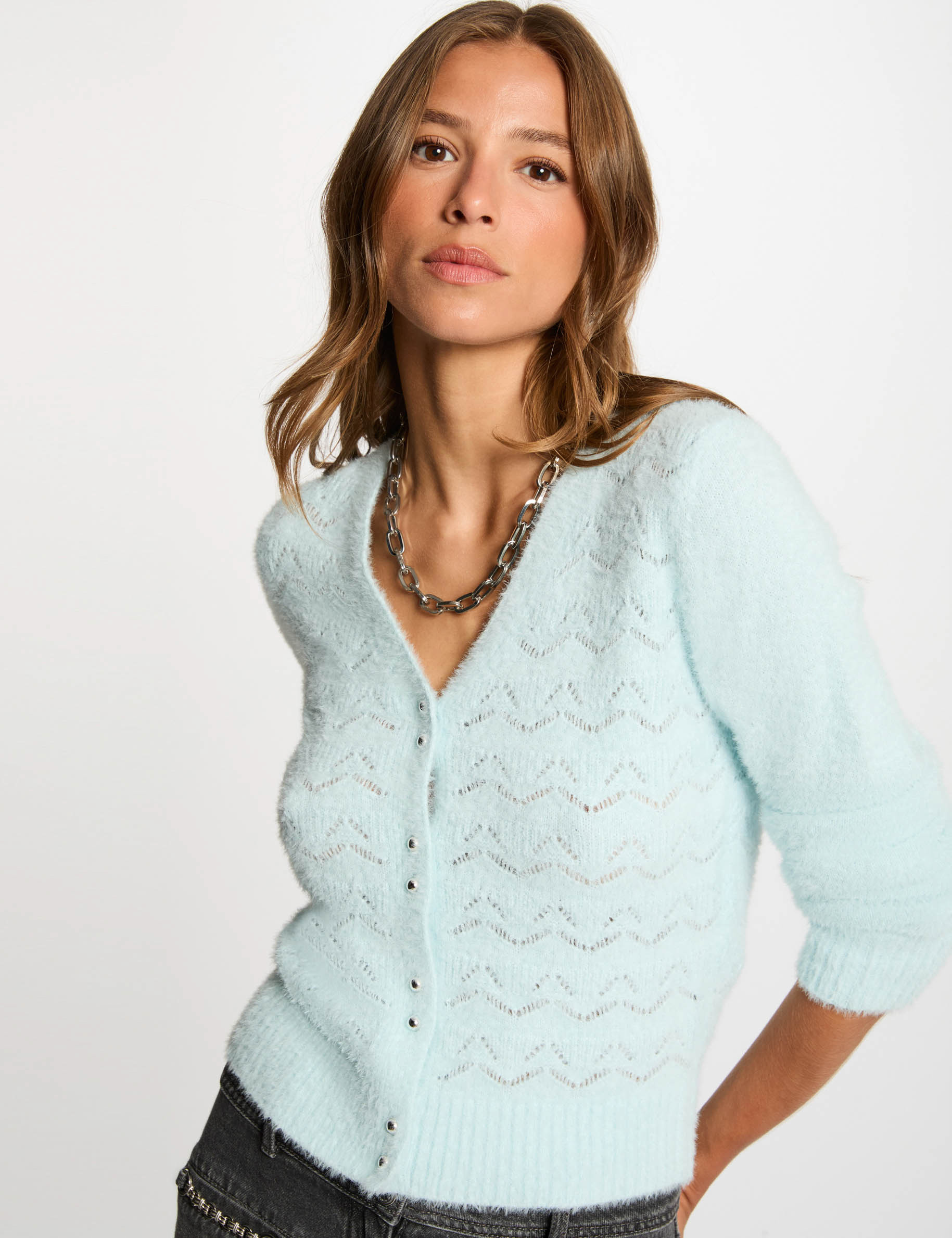 C&aacute;rdigan manga larga azul cielo mujer