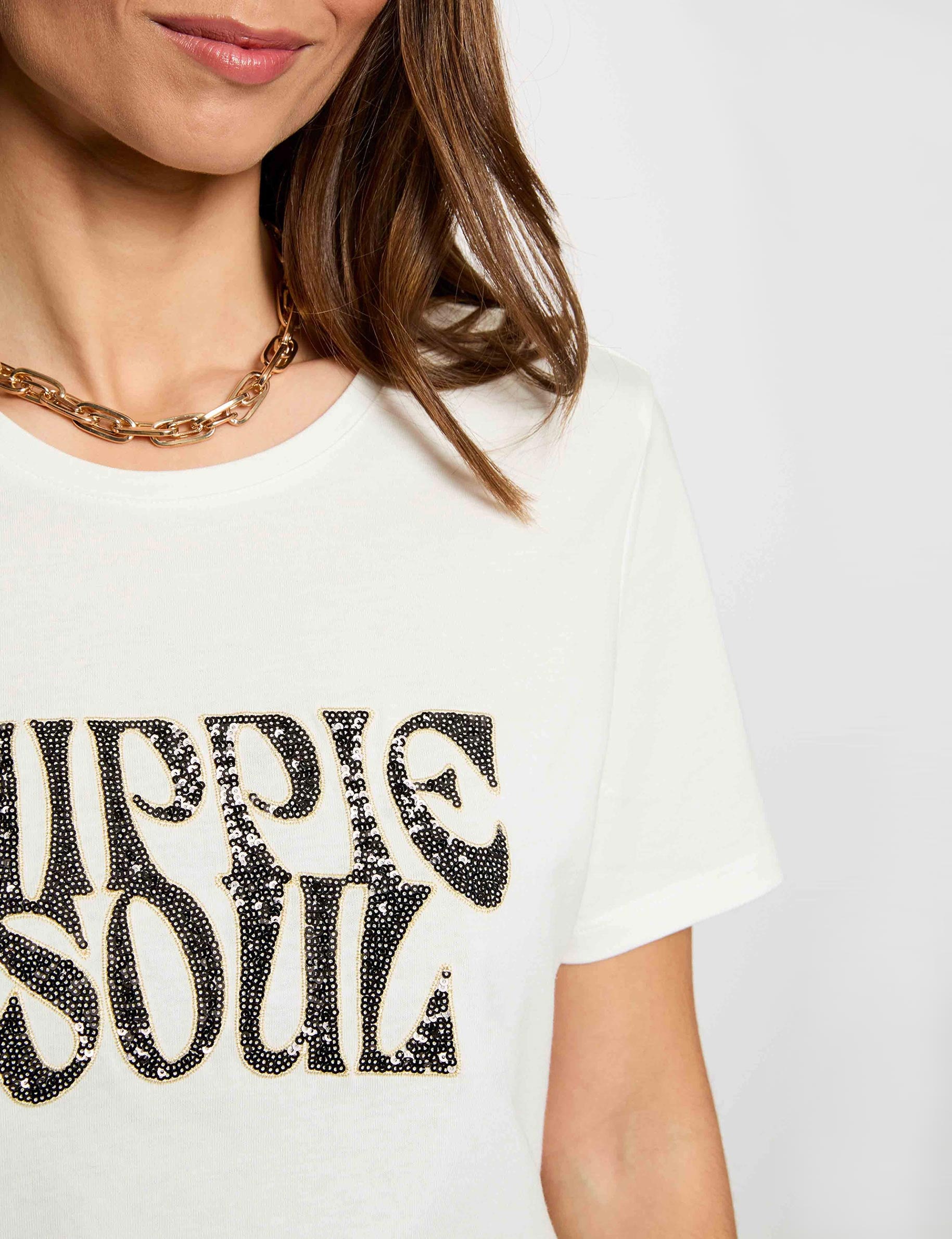Camiseta bordada con lentejuelas blanco mujer