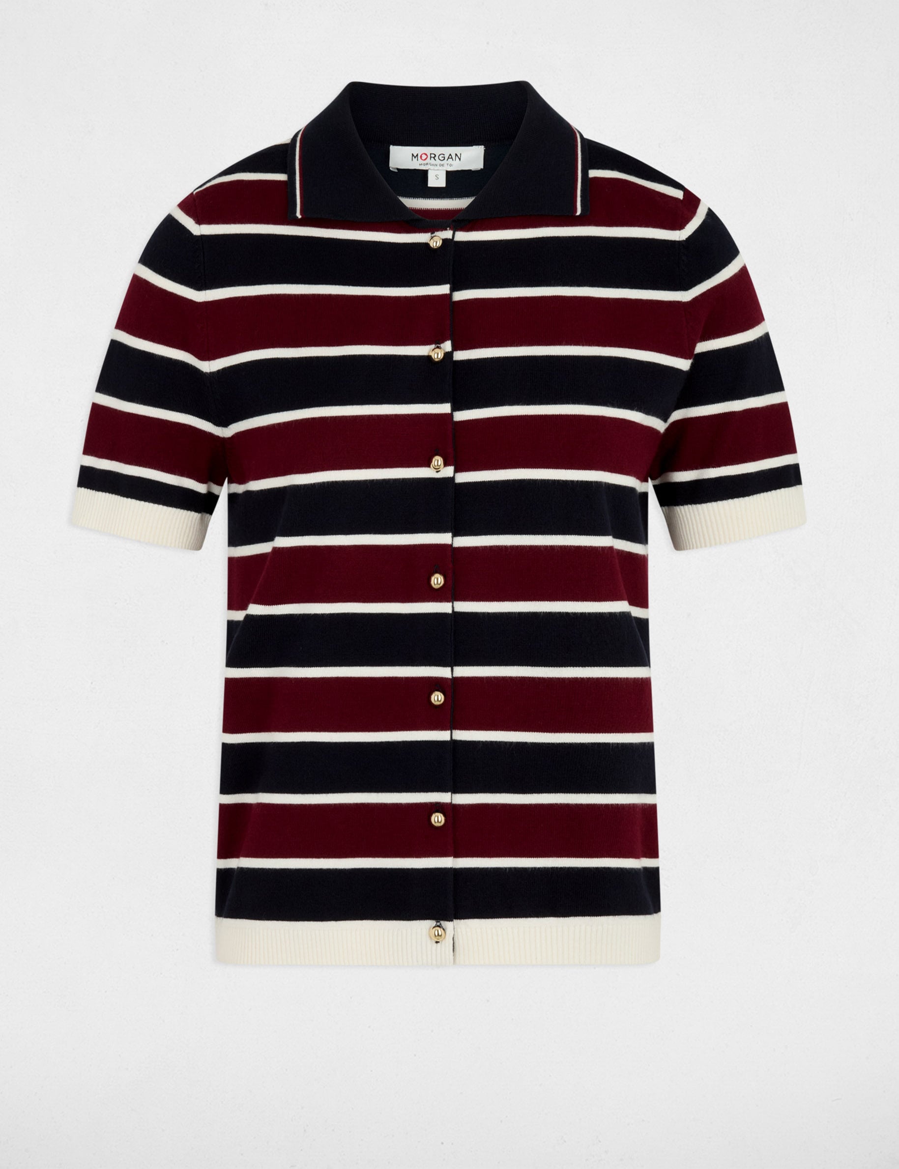 Jersey de rayas con cuello polo burdeos mujer