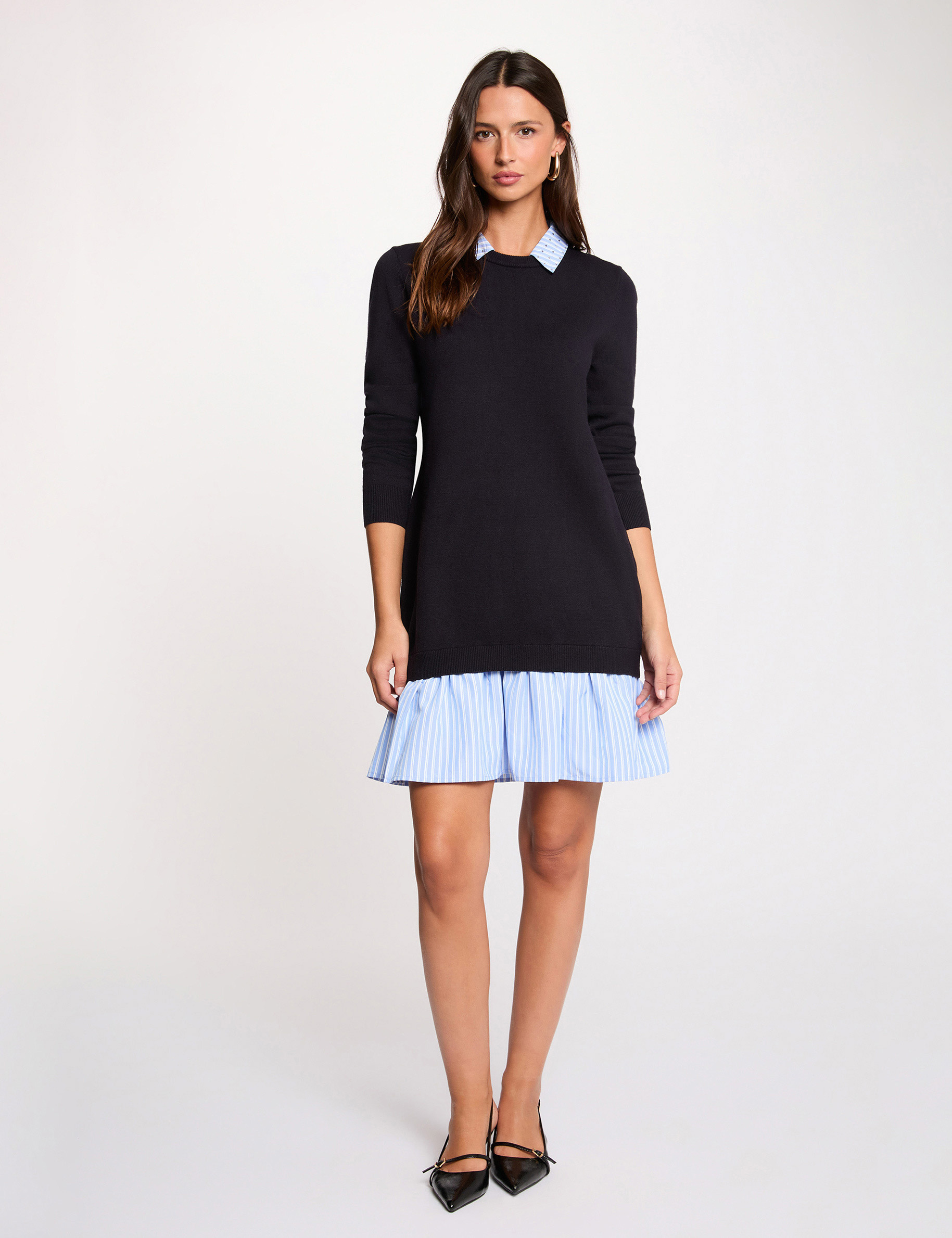 Vestido de punto con cuello vuelto azul marino mujer