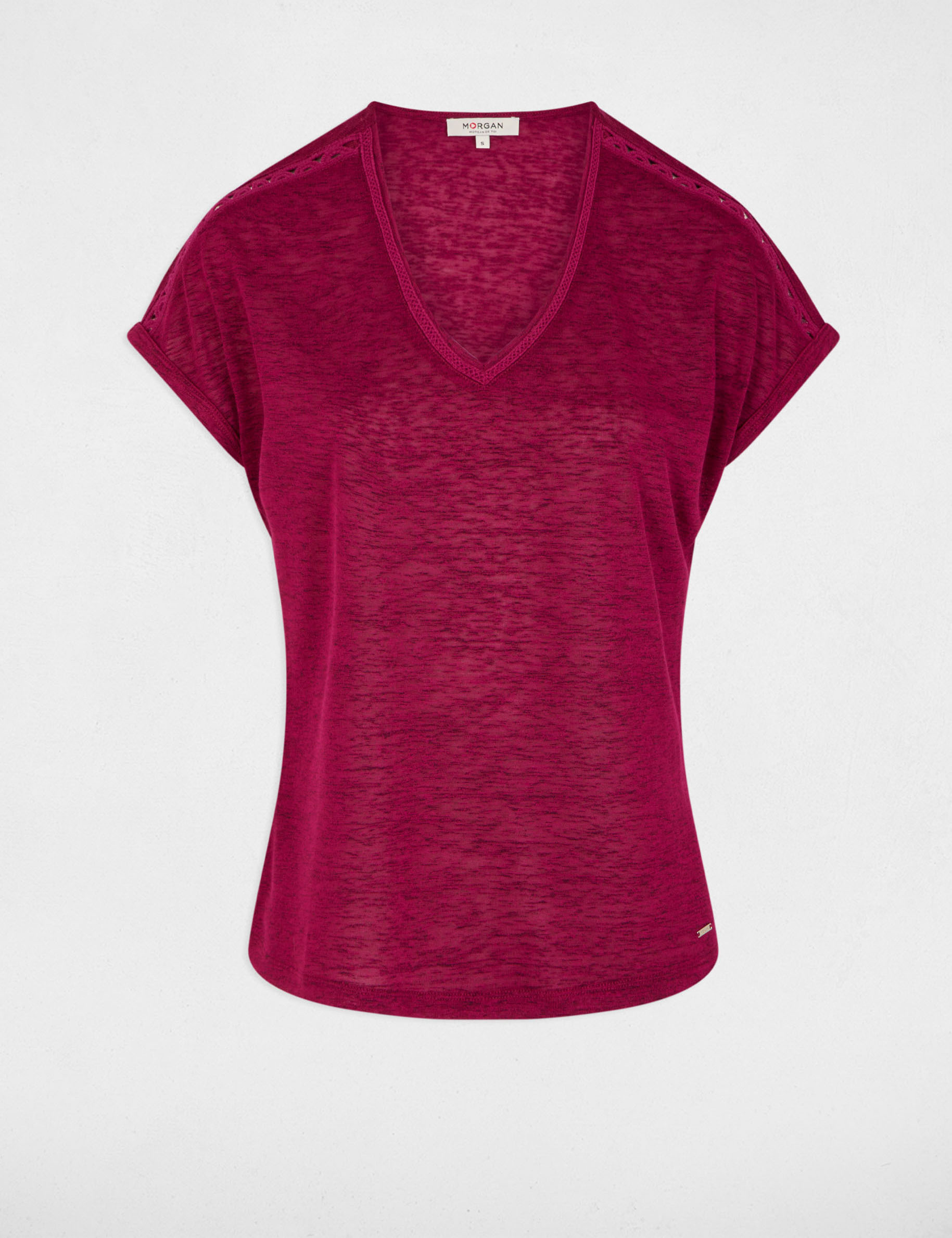 Camiseta cuello v manga corta ciruela mujer