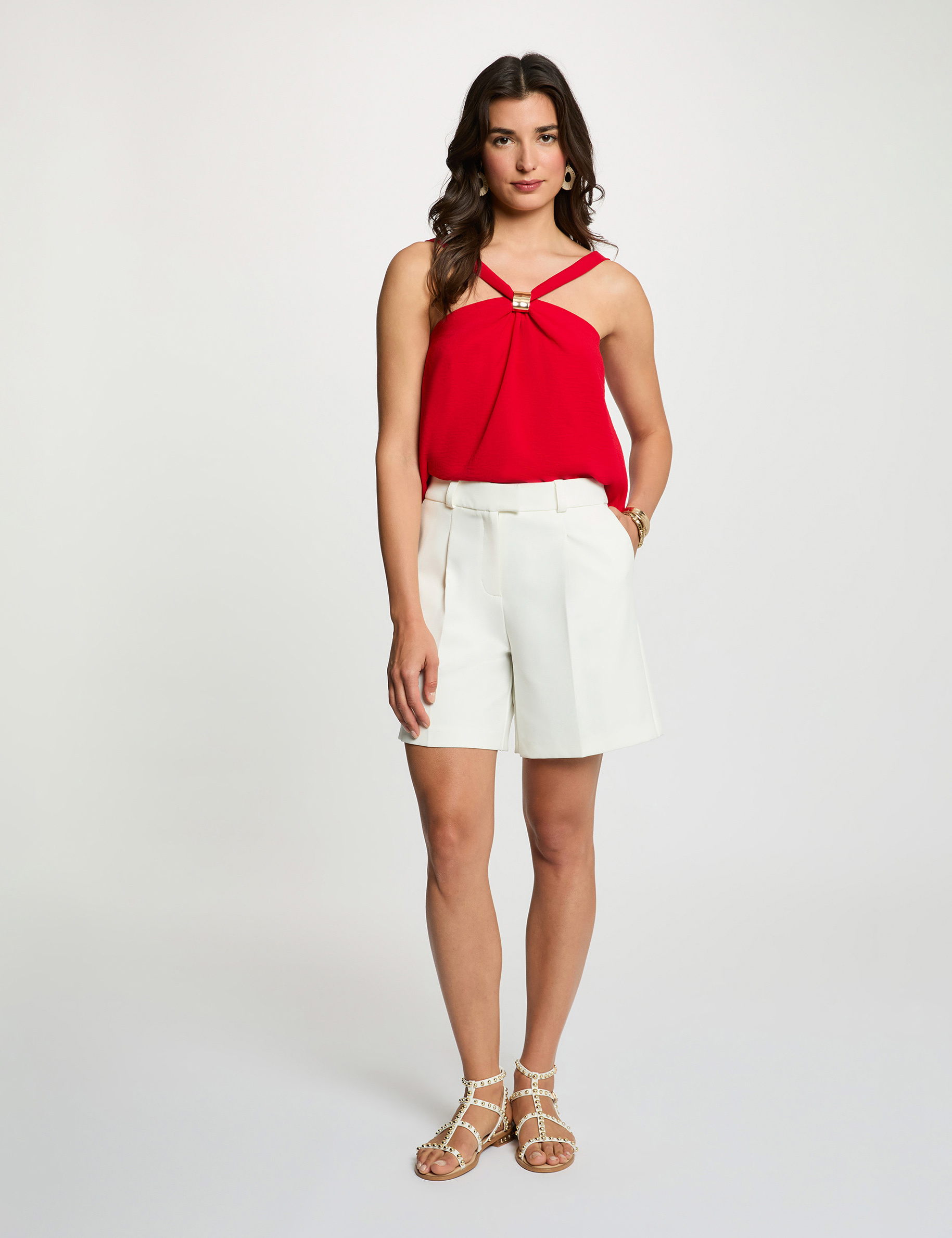 Top plisado con cuello alto rojo mujer