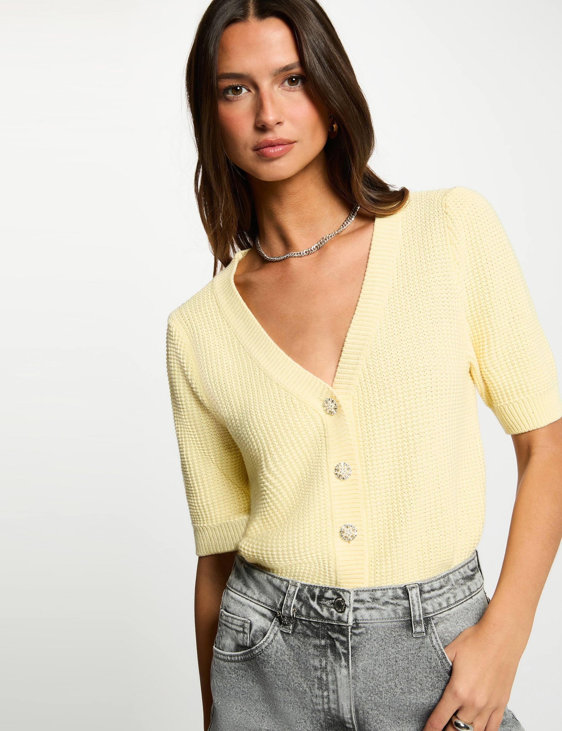 Chaleco entallado cuello v amarillo pastel mujer