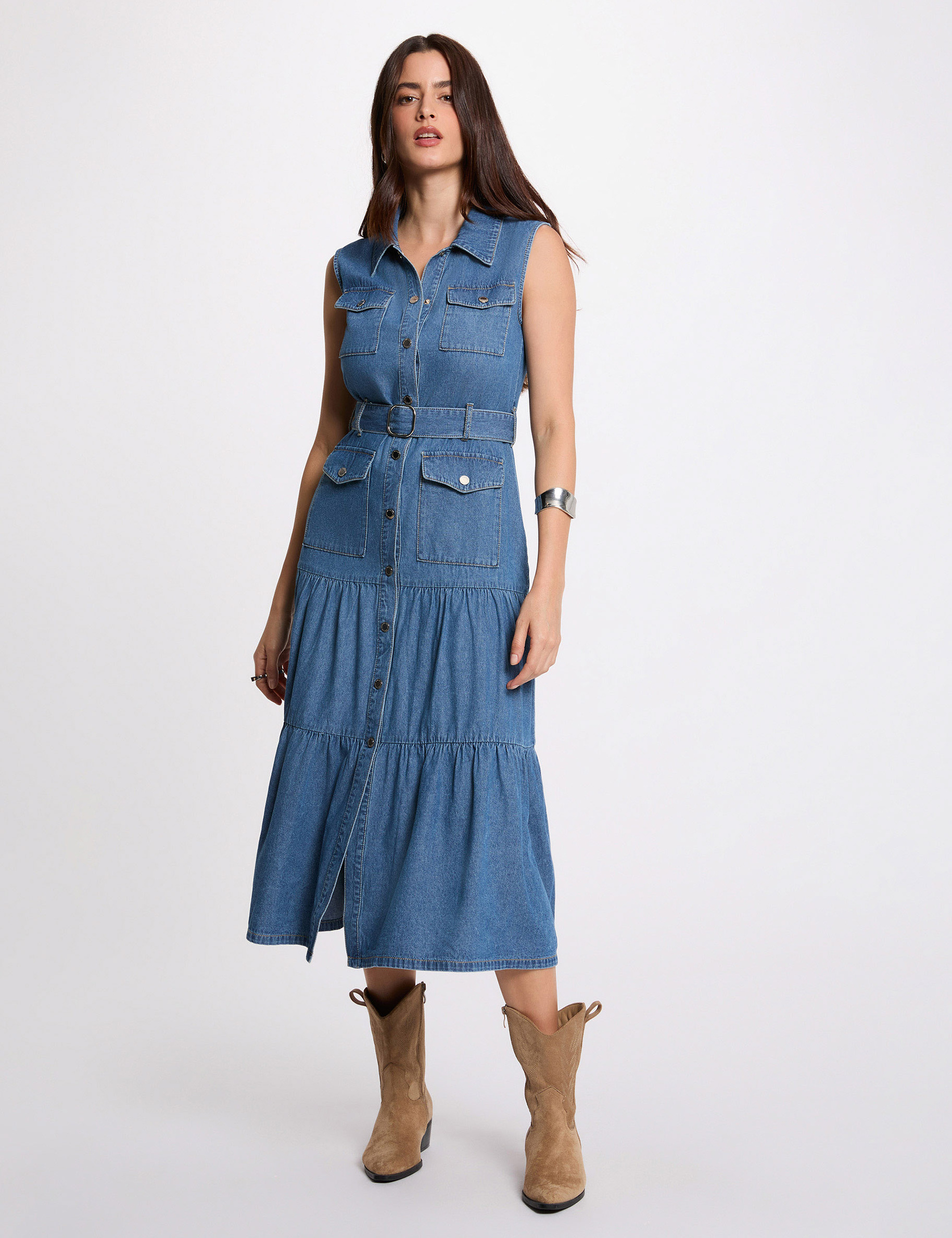 Vestido largo recto vaquero denim stone mujer