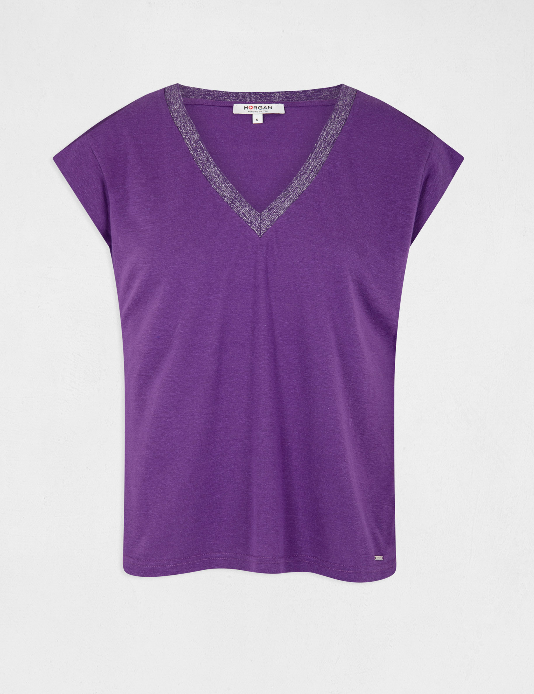 Camiseta manga corta con escote en V morado oscuro mujer Camiseta manga corta con escote en V morado oscuro mujer