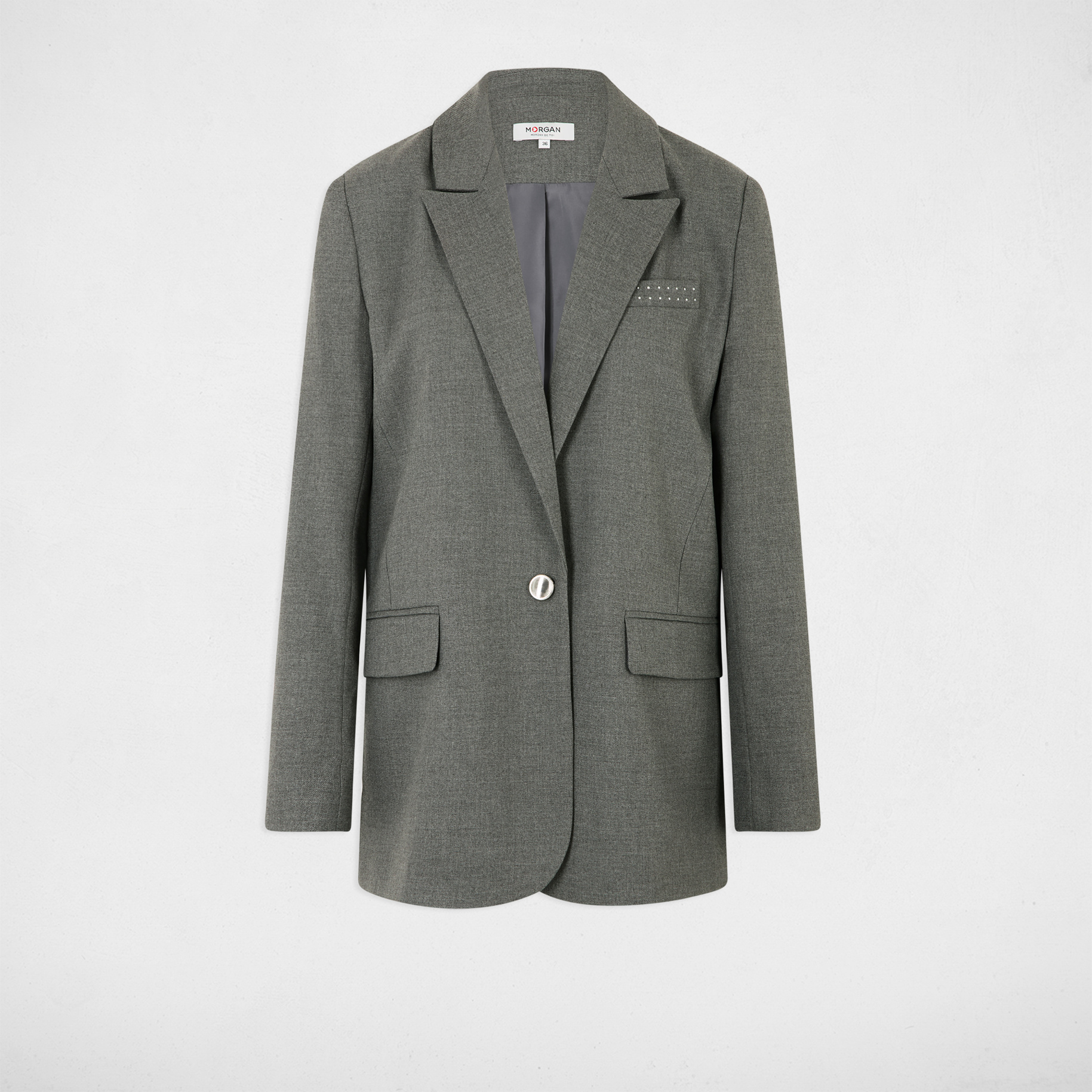 chaqueta larga con tachuelas gris claro mujer Chaqueta larga con tachuelas gris claro mujer