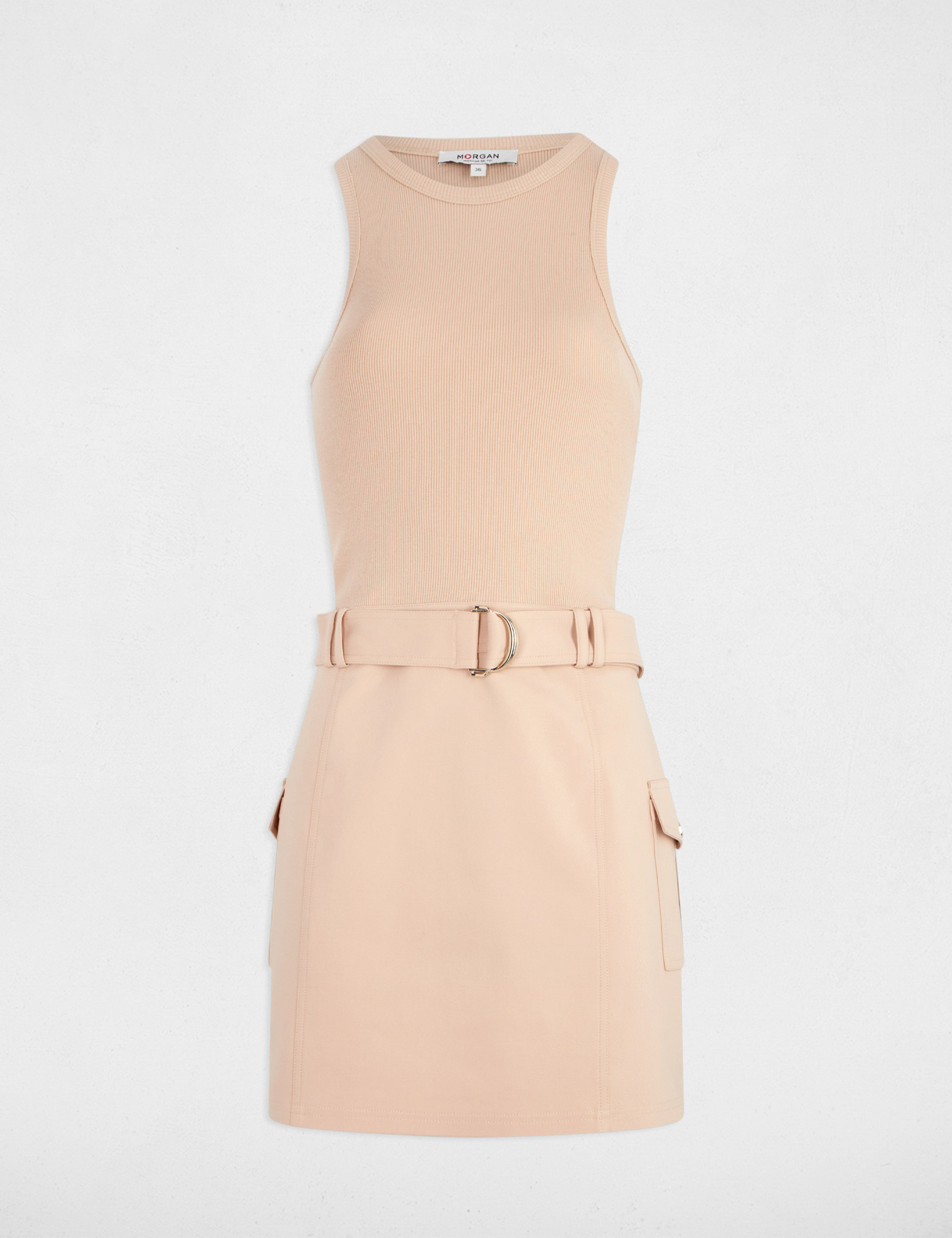 Vestido ajustado cinturón beige mujer
