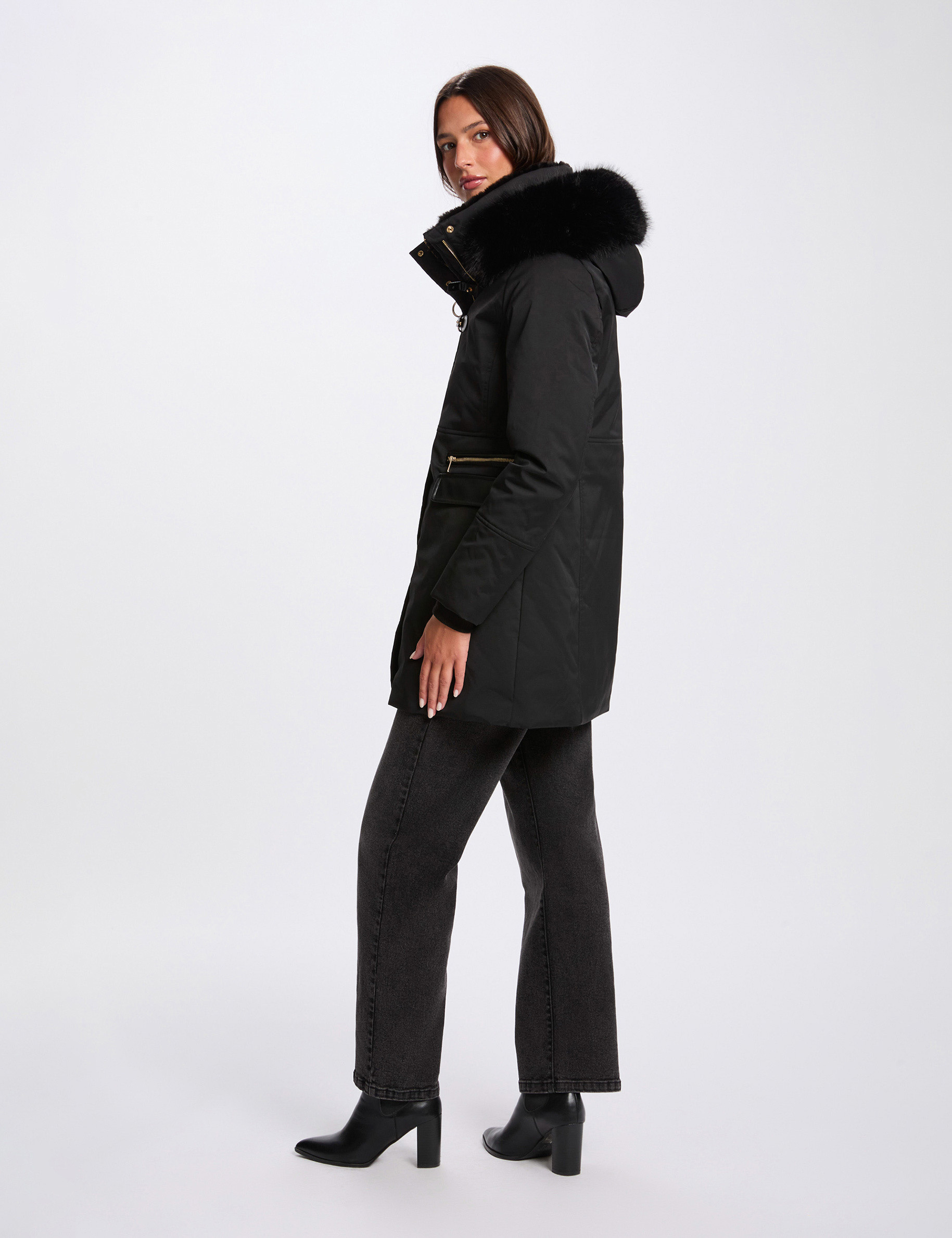 Parka recta de media longitud negro mujer