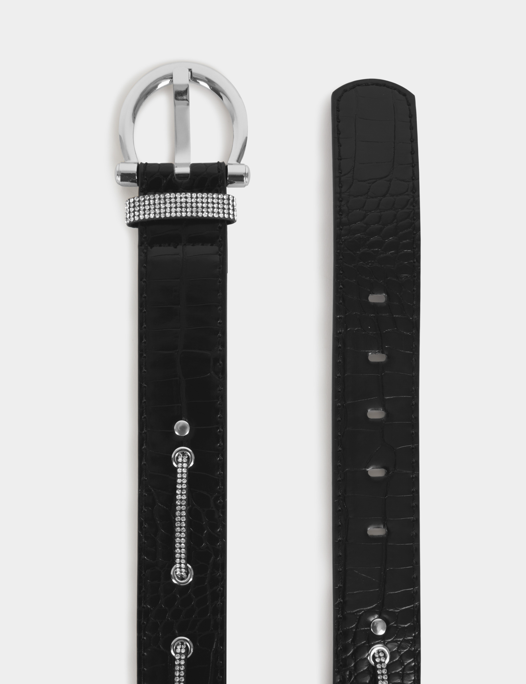 Cinturón con efecto cocodrilo y strass negro mujer