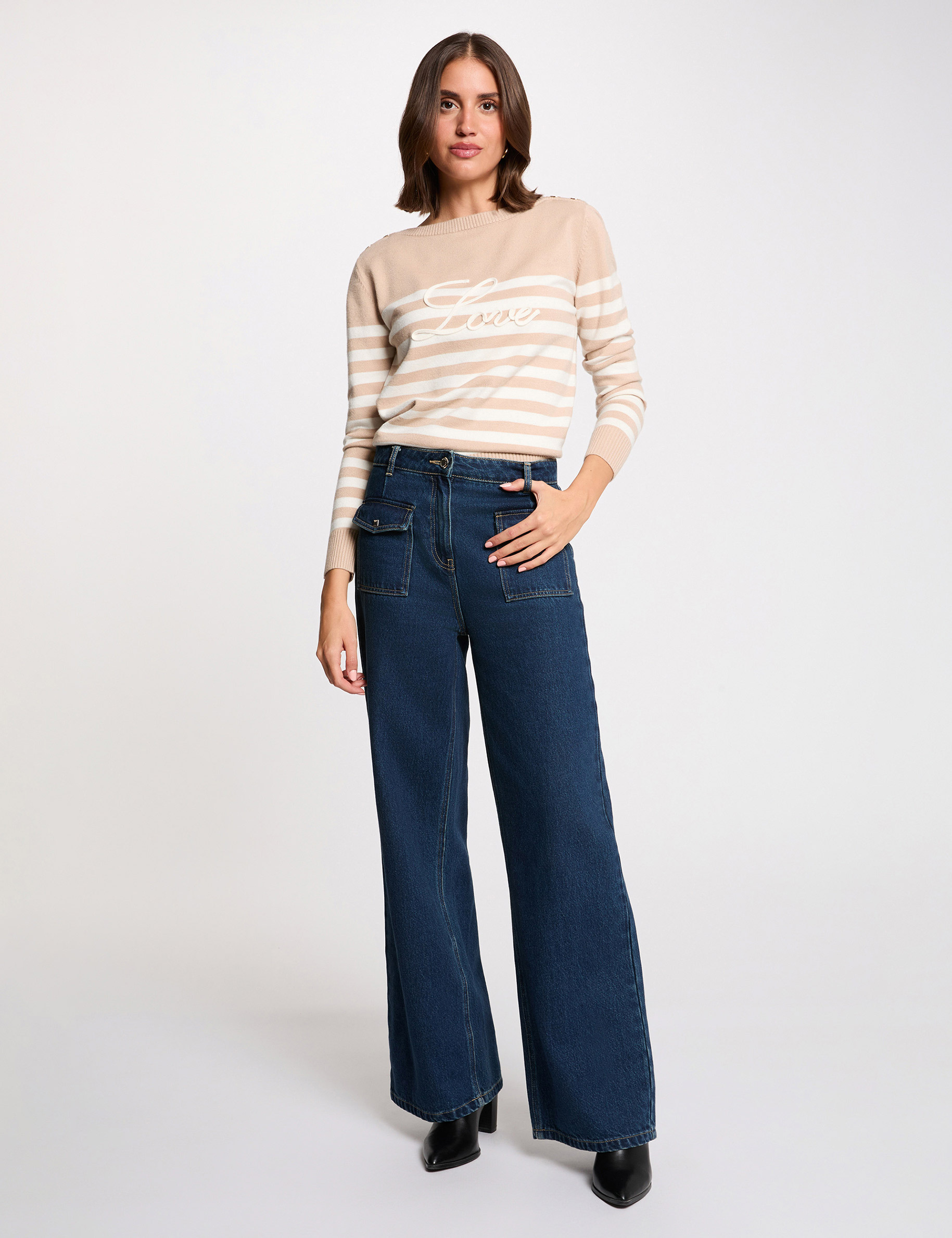 Jersey bordado a rayas marron clair mujer